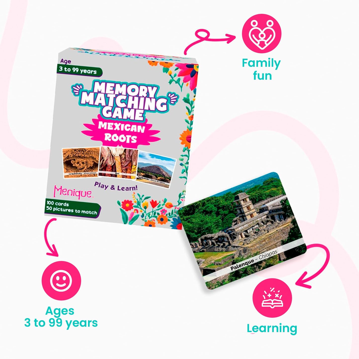 Menique – Mexican Roots Memory Game – Bilingual – 100 Cards (50 Pairs) with Real Photographs – Includes Booklets in English & Spanish – Cultural Matching Game for Kids & Adults