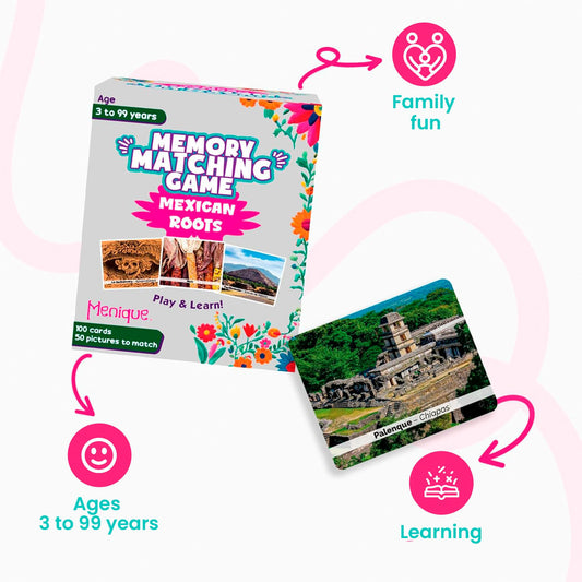 Menique – Mexican Roots Memory Game – Bilingual – 100 Cards (50 Pairs) with Real Photographs – Includes Booklets in English & Spanish – Cultural Matching Game for Kids & Adults