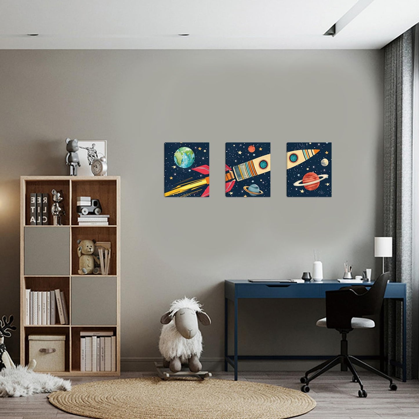 KAIRNE Rocket Outer Space Decor,Solar System Wall Art,The Planets Hanging Decor,Rocket Artwork Paintings out of space decor for Boys Bedroom Toddler Kids Room Classroom Decoration
