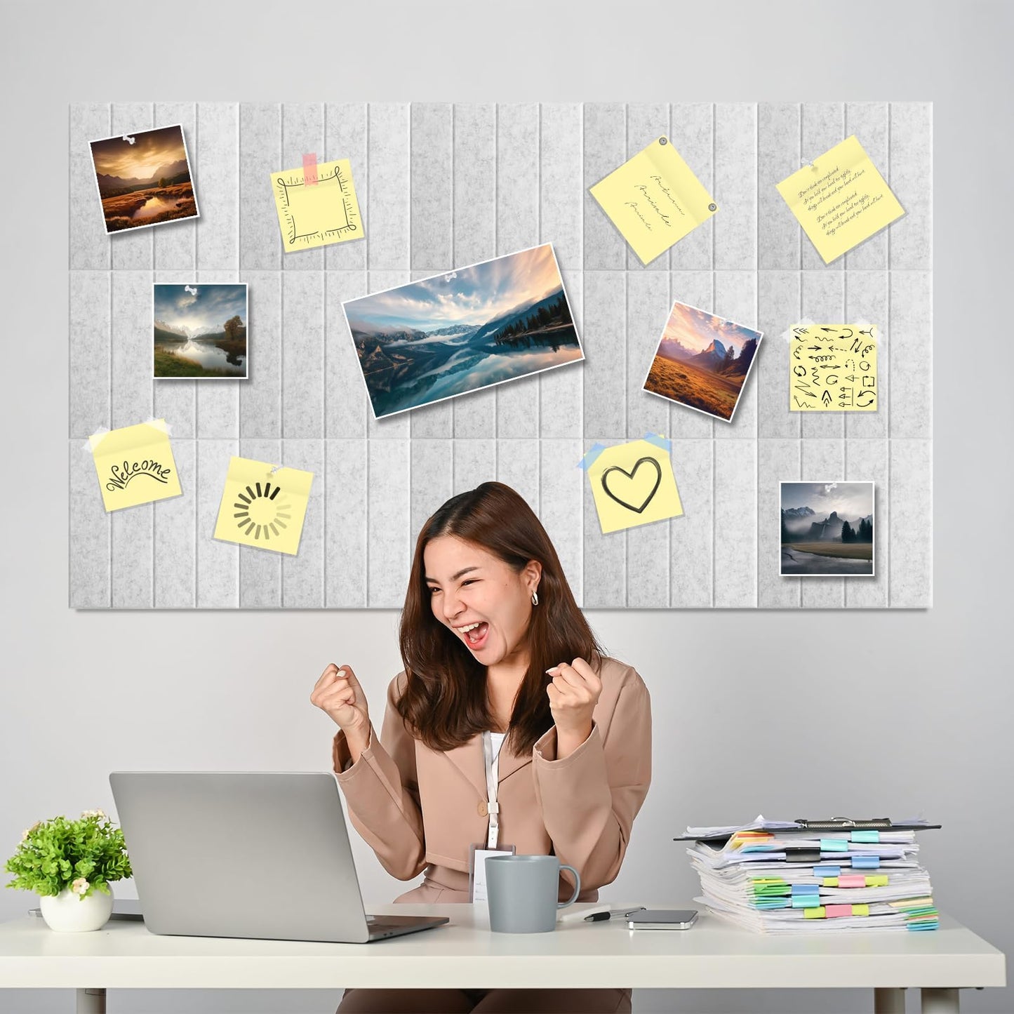 Large Felt Bulletin Board 59" x 35.5" 15 Pack Self-Adhesive Modular Felt Tiles, Cork Board Alternative for Wall, Acoustic Soundproof Panels for Home Office Classroom Decor with 50 Push Pins (Grey)