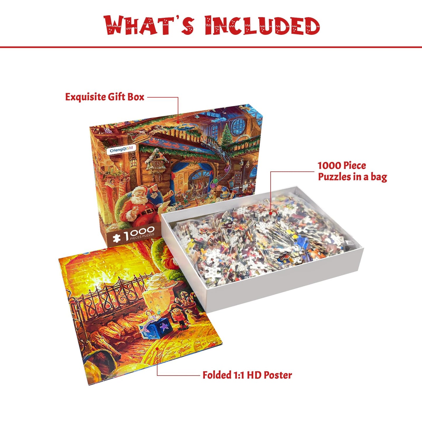 MBOQIU 1000 Piece Puzzle for Adults - Christmas Cabin Christmas Puzzle, Letters on Back, Santa Claus Christmas Vacation Jigsaw Puzzles, Challenging Puzzles for Teens Seniors - 27.6 x 19.7 inches