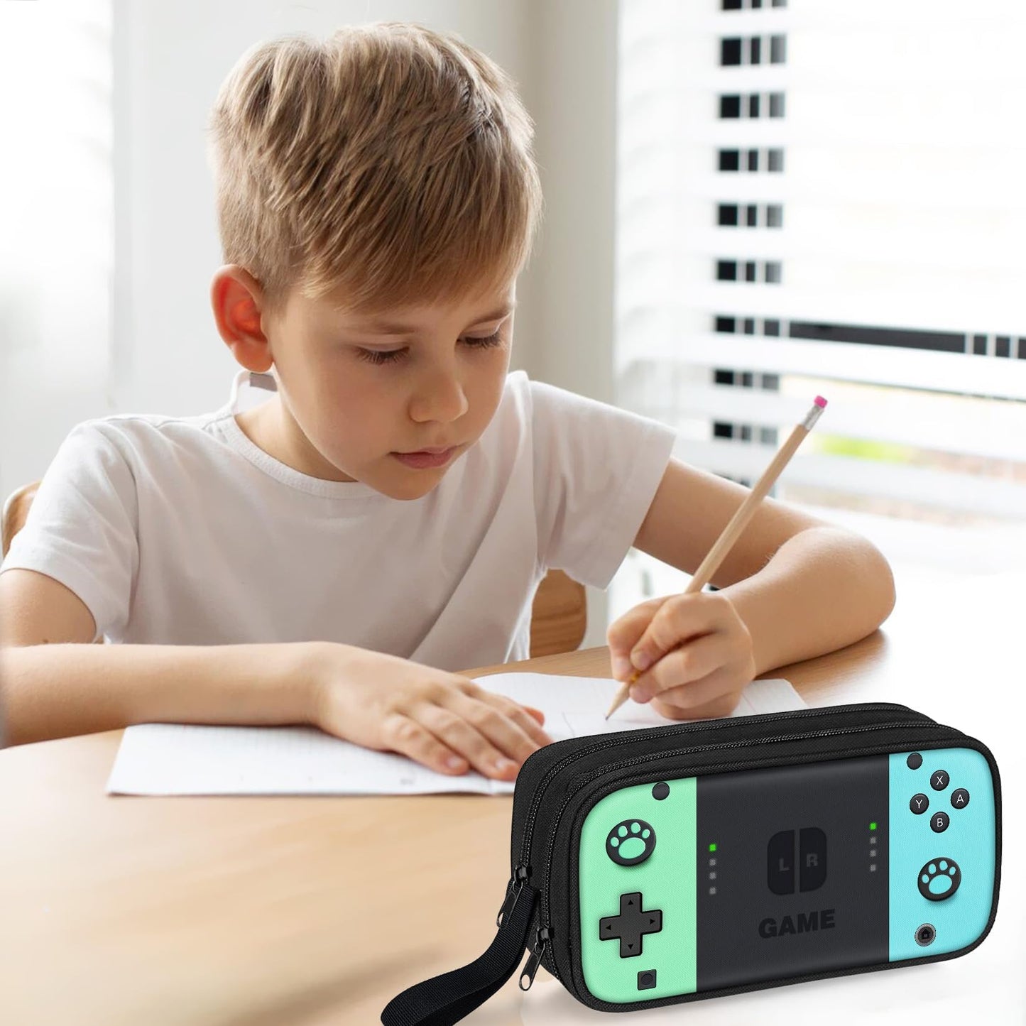 JIRAIKEI Gamer Pencil Case for Boys, Large Boys Pencil Pouch for Kids Teens School, Big Capacity Pen Box Pen Bag Organizer with 2 Compartments & Zipper