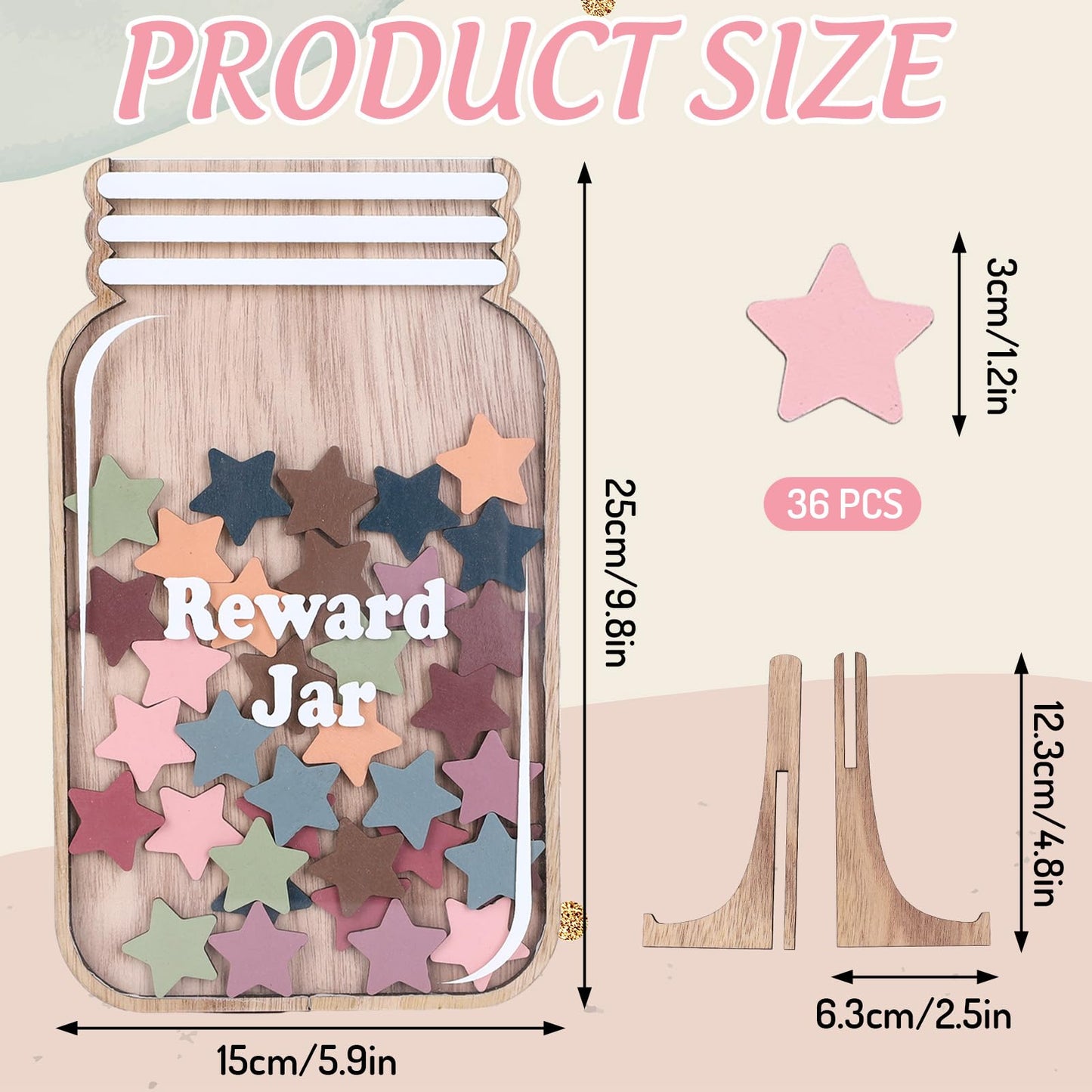 JarThenaAMCS Wooden Reward Jar for Kids Boho Stars Cutouts Positive Incentive Behavior Chart with Base Management Tools Decoration Reward System for Student Teacher School Classroom Supplies, 38Pcs
