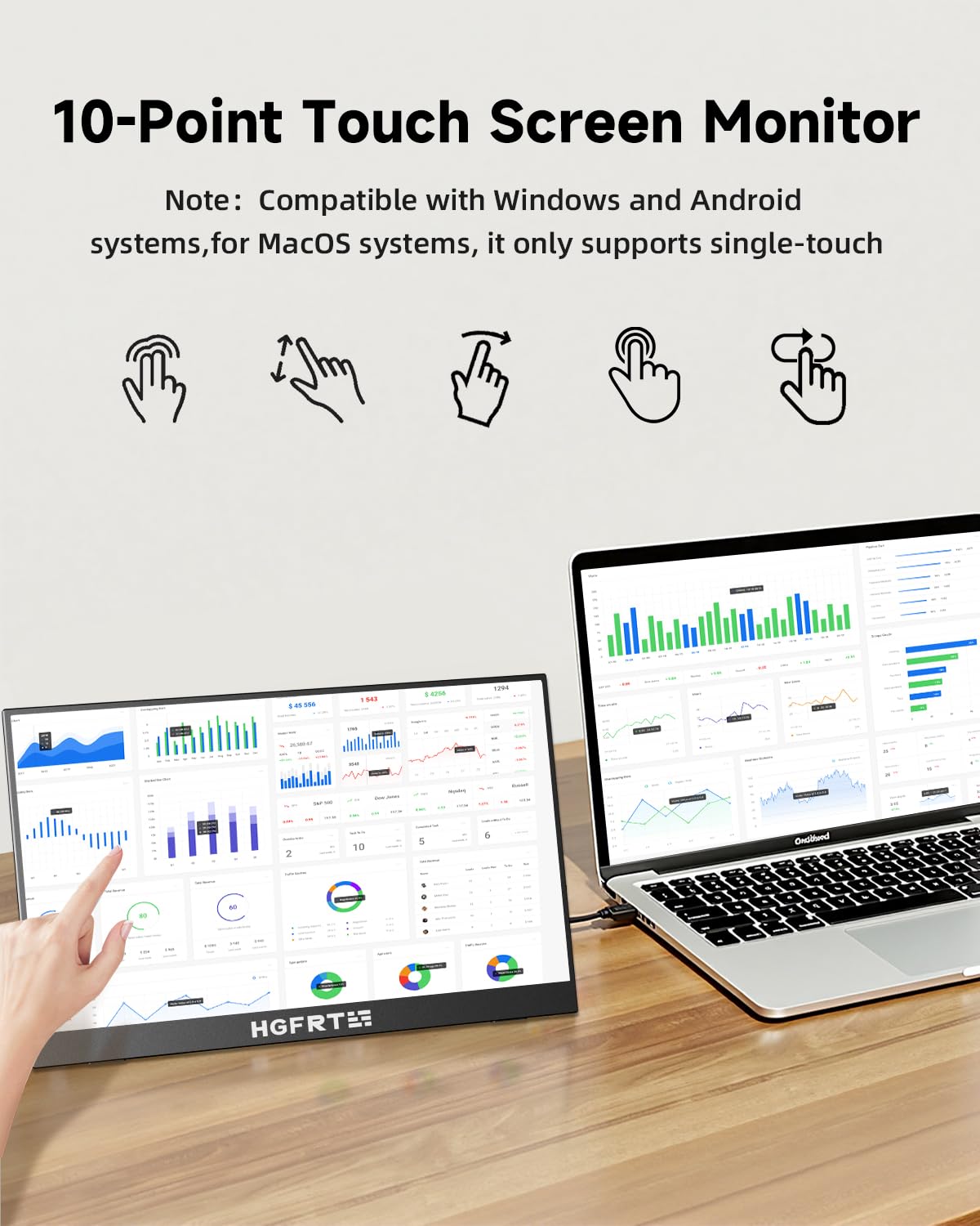 HGFRTEE Portable Monitor Touchscreen 15.6", 1920x1080 60Hz FHD IPS HDR 10-Point Touch Screen Monitor with Built-in Stand & Speaker, HDMI USB C VESA External Travel Monitors for Laptop, PC, Mac, Phone