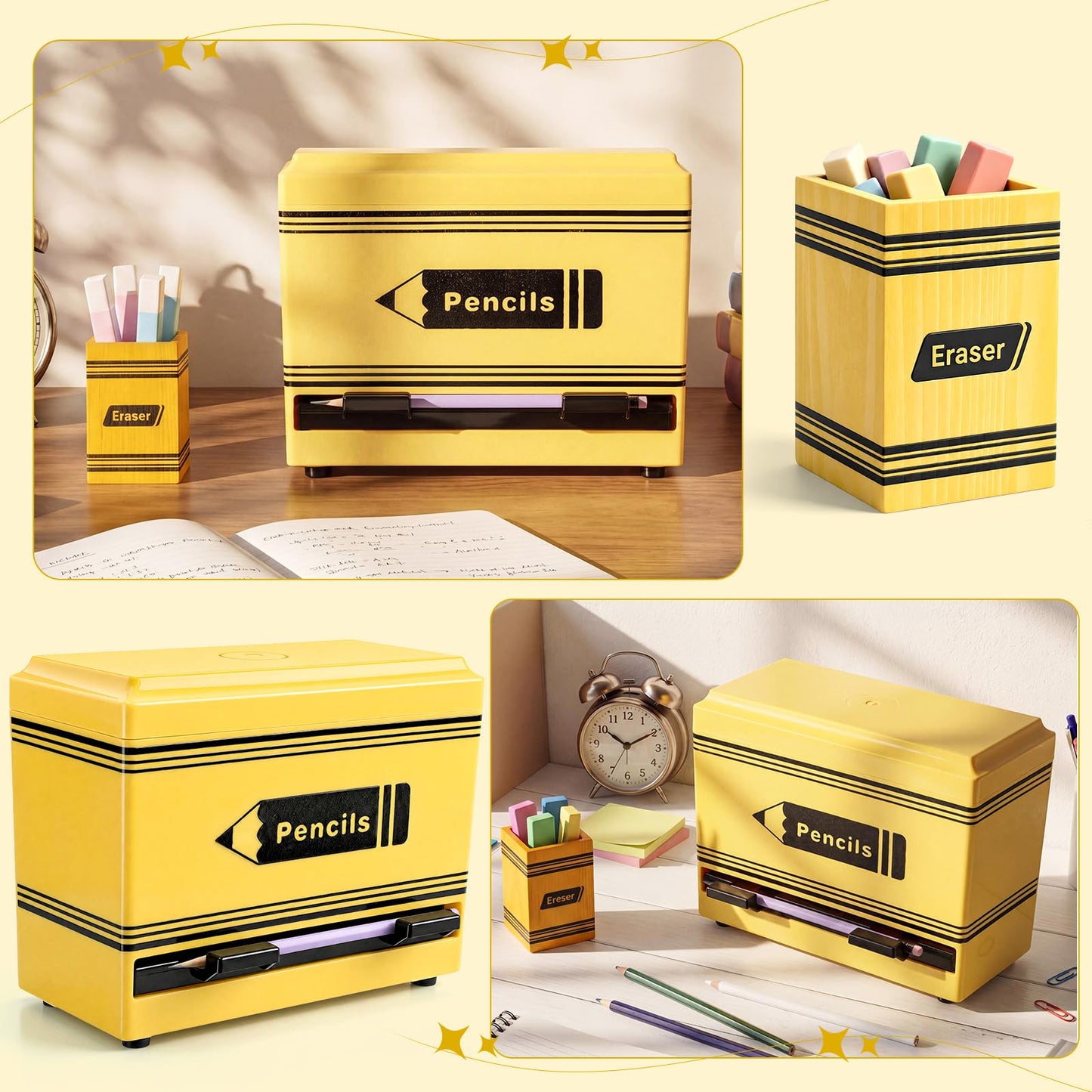 Gueevin 2pcs Pencil Dispenser for Classroom, Fun Desk Organizer with Eraser Holder, Interactive Pencil Storage for Teachers, Students & Homeschool Desk Organizer, Back to School Supplies(Yellow)