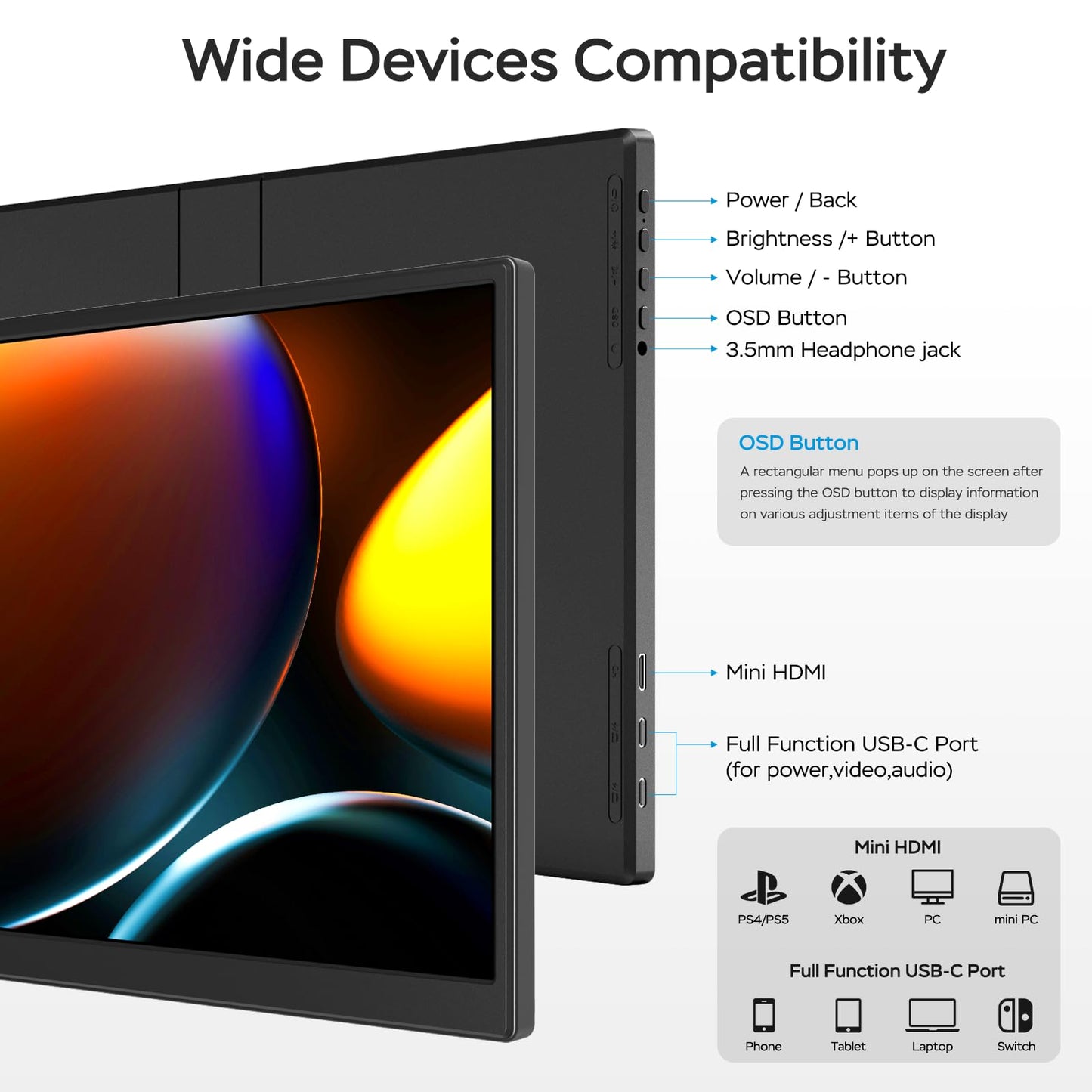 WGK 14 inch Portable Monitor 1200P FHD+ 100% sRGB Travel Display HDMI/USB-C Compatible with Laptops, Desktops, Phones, PS, Mac, Xbox, Switch, and Other Gaming Devices Includes Stand and Speakers VESA