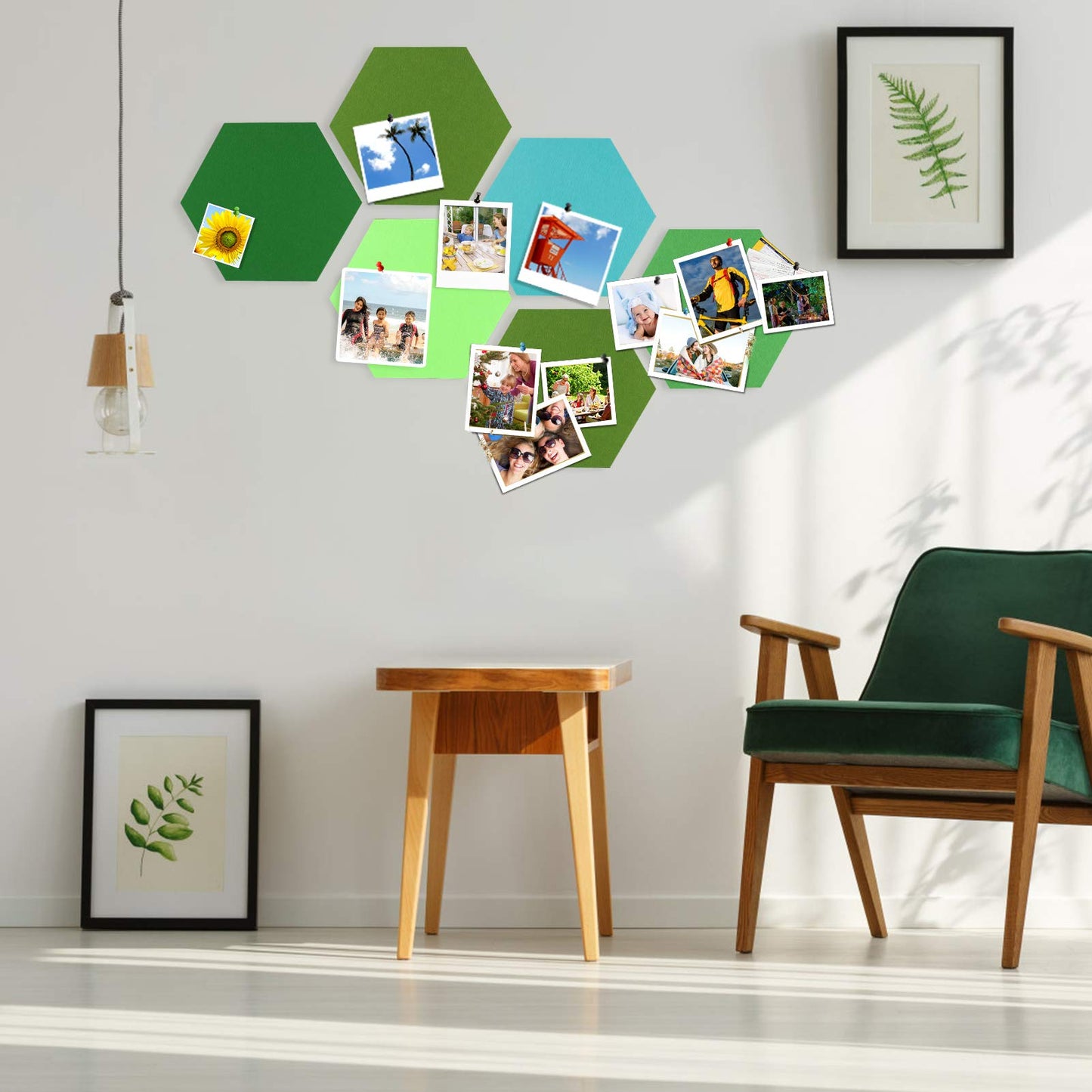SEG Direct Hexagon Felt Cork Board Tiles, Large Hexagon Felt Bulletin Board Tiles Self Adhesive Picture Board, Memo Notice Tiles Pin Board for Walls Office, 11.8" x 10.2", 5PCS(Green Series)