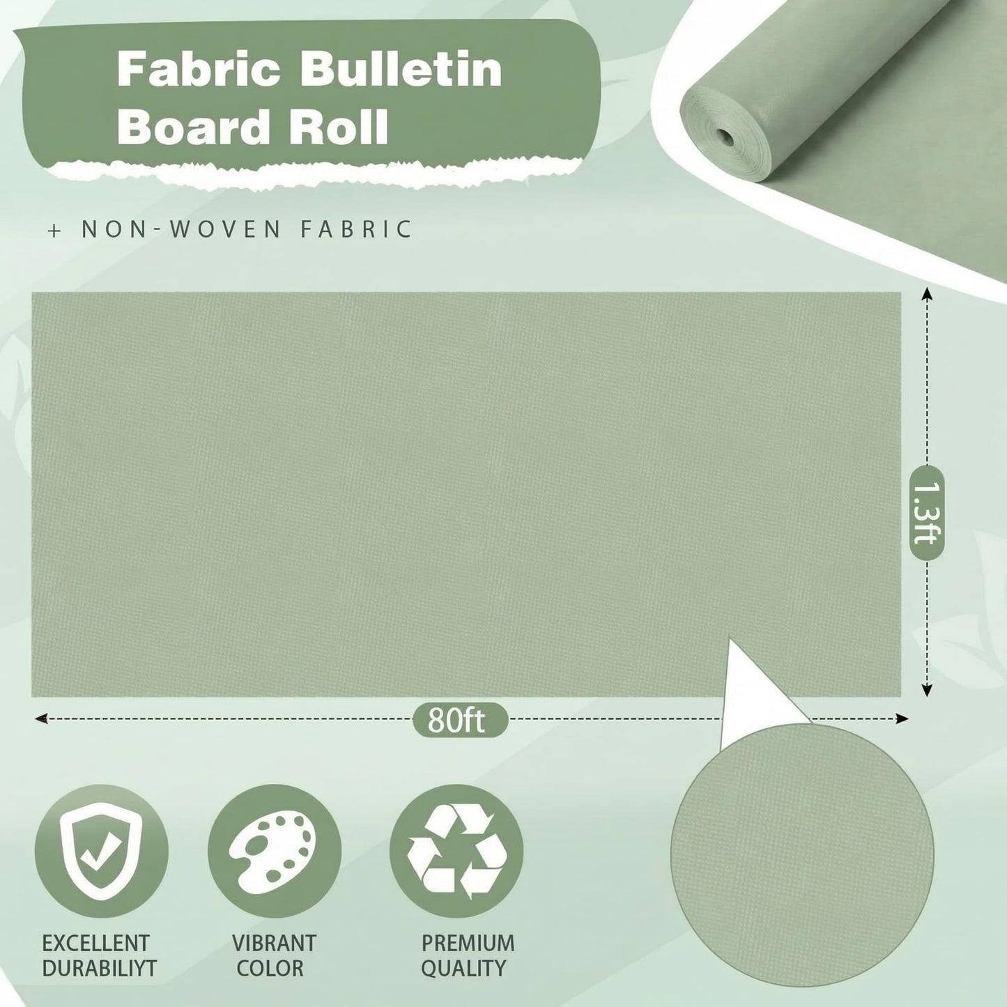 Breling 16 inch x 80 ft Fabric Bulletin Board Roll for Classroom Waterproof Non-Woven Fabric Background Roll Anti-Wrinkle Bulletin Board Background for Back to School Wall Decor DIY Craft(Sage Green)