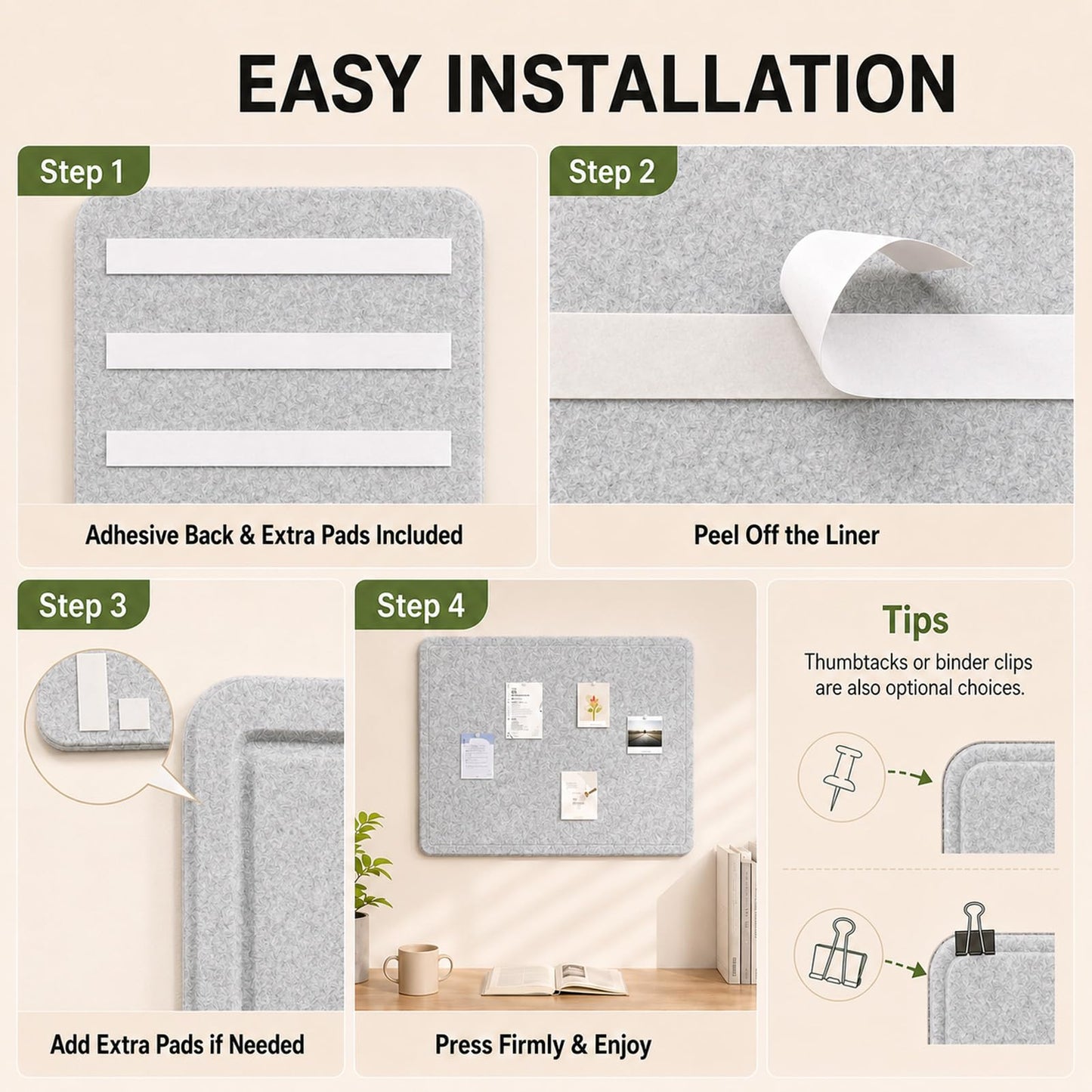 Felt Bulletin Board for Wall 24" x 18" Unfolded Size, Small Frameless Felt Pin Board, Soft Cork Board Alternative for Office, Home Planning, Notes, Photos & Wall Decor, Foldable Shipping, Easy Install