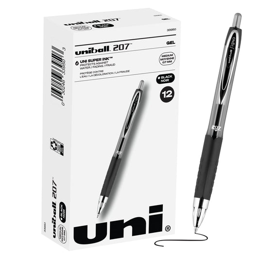 uni-ball Signo 207 Gel Pen, 0.7mm Medium Black, Smooth Writing (Pack of 12, 144 Count Total)