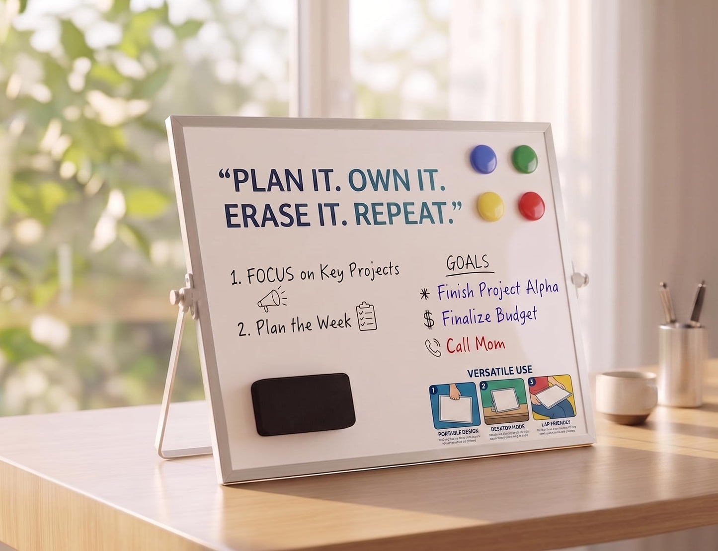 Magnetic Dry Erase Board 16x12 Inch - Double-Sided Desktop Whiteboard with 360° Rotating Stand - Small Portable White Board Set with 10 Markers, 4 Magnets, Eraser for Home Office, School, Desk