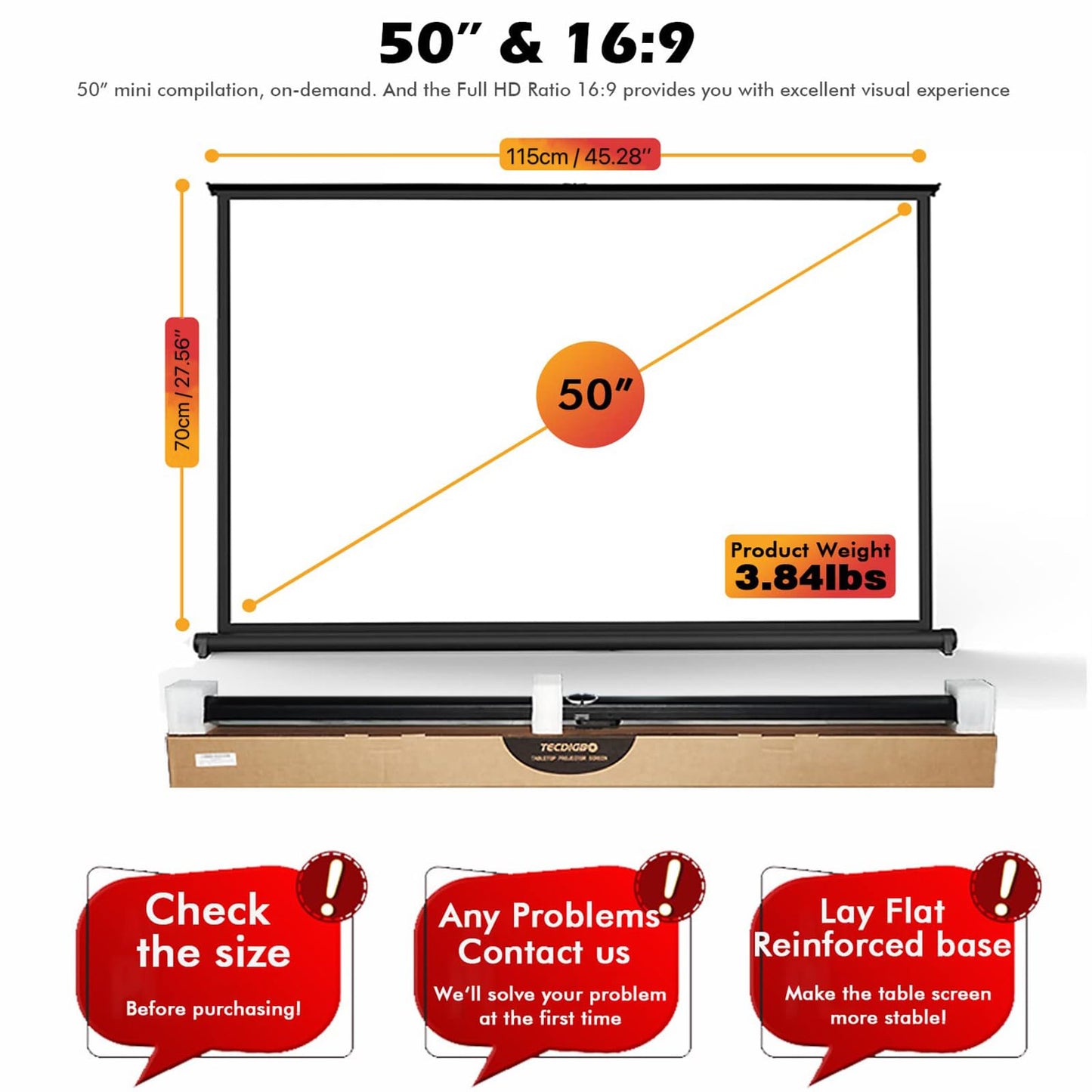 New Portable Mobile 50 Inch Projector Screen Pull Down, 16:9 Projector Screen Retractable Tabletop Screen Tripod Stand for Home Theater Meeting Room, School Indoor Outdoor Ceiling Wall Mount Upgrade