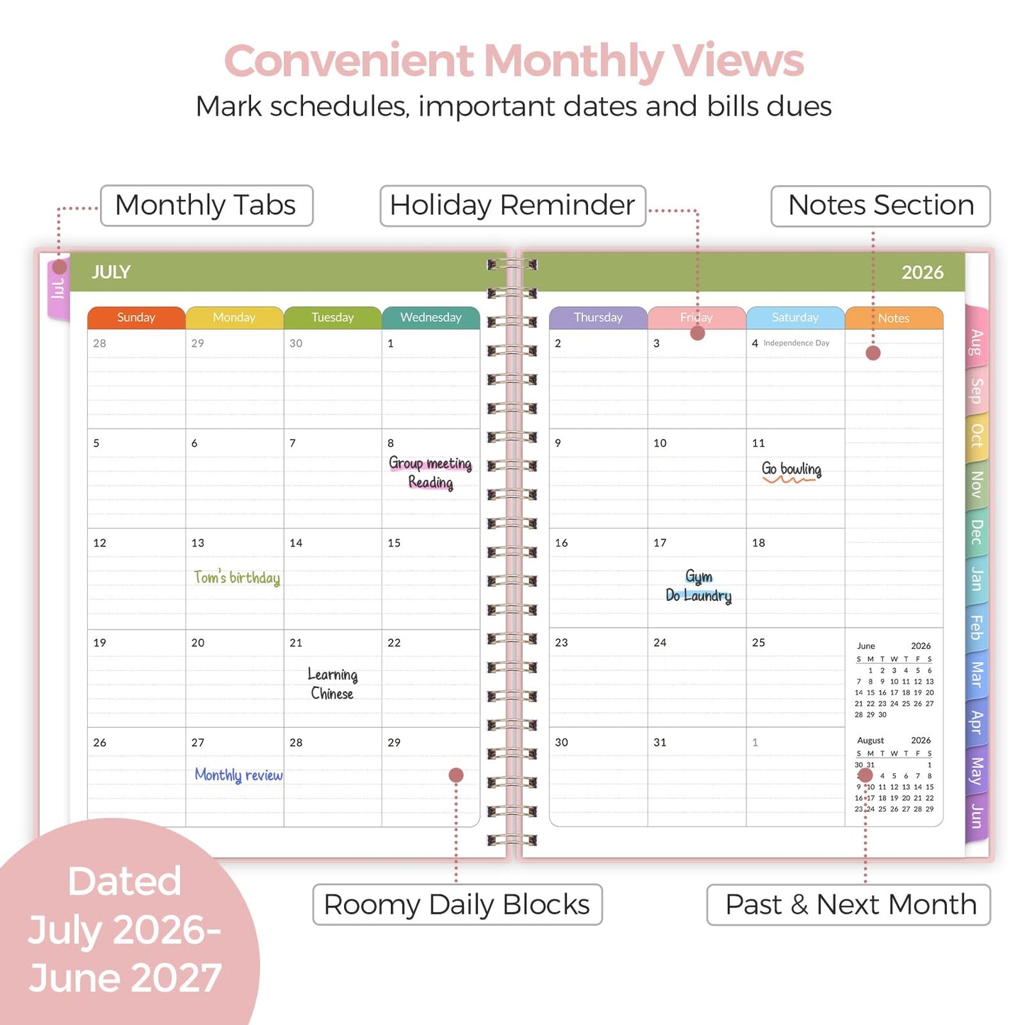 SKYDUE Teacher Planner 2026-2027 Academic Year, 8.5" x 11" Lesson Plan Book, July 2026-June 2027, 162 Pages, Monthly Tabs, Stickers, Weekly Lesson Planning, Student Tracking & Classroom Organization, Pink