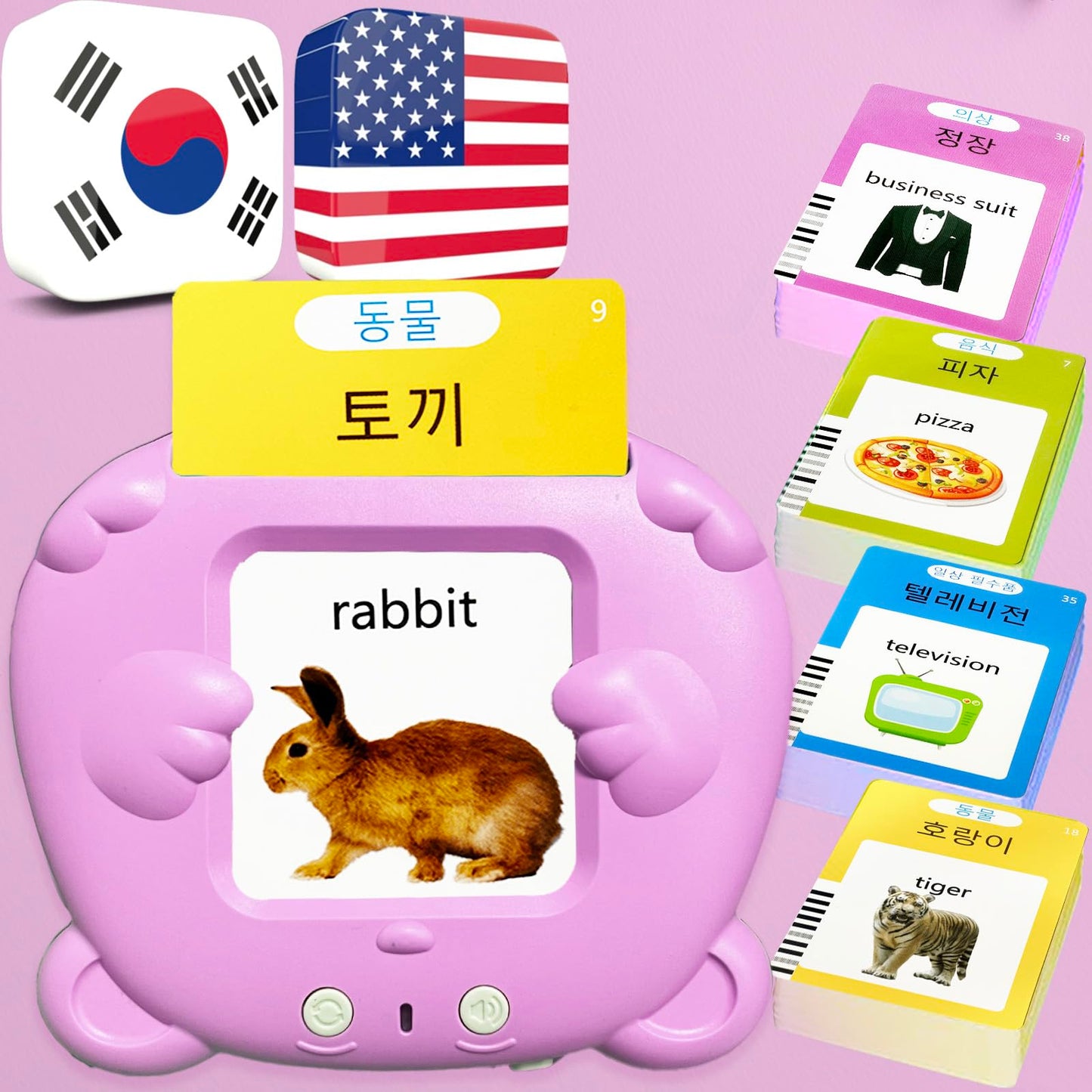 MoLingvora Bilingual Talking Flash Cards for Kids - Korean English Flashcards Children Adults, 510 Sight Words, ABC Alphabet, Pocket Speech for Toddlers, Audible Sensory Toys (Korean, Pink)