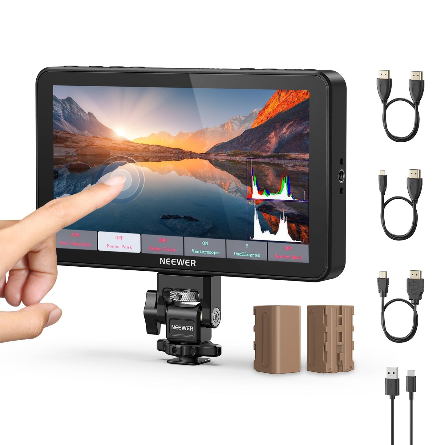 NEEWER F700 7" Camera Field Monitor, 2000nit HD 1920x1080 IPS Touch Screen 3D LUT, 4K HDMI Loop in/Out Peak Focus DSLR Video Assist HDR Waveform, Cold Shoe Mount, 2 NP-F750 Batteries, Cleaning Cloth