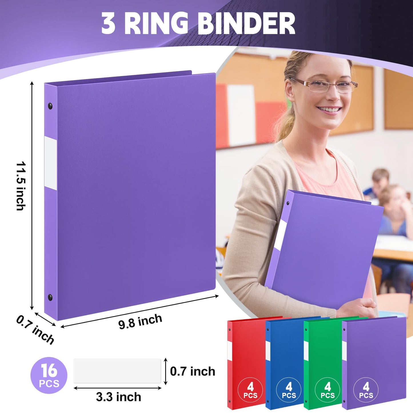 Henoyso 16 Pack 0.5 Inch Plastic 3 Ring Binder Round Ring, Bulk 1/2 Inch Flexible Binders Hold 140 Sheets Letter Size with Pocket, Document Organizer for Back to School Classroom Office (Assorted)