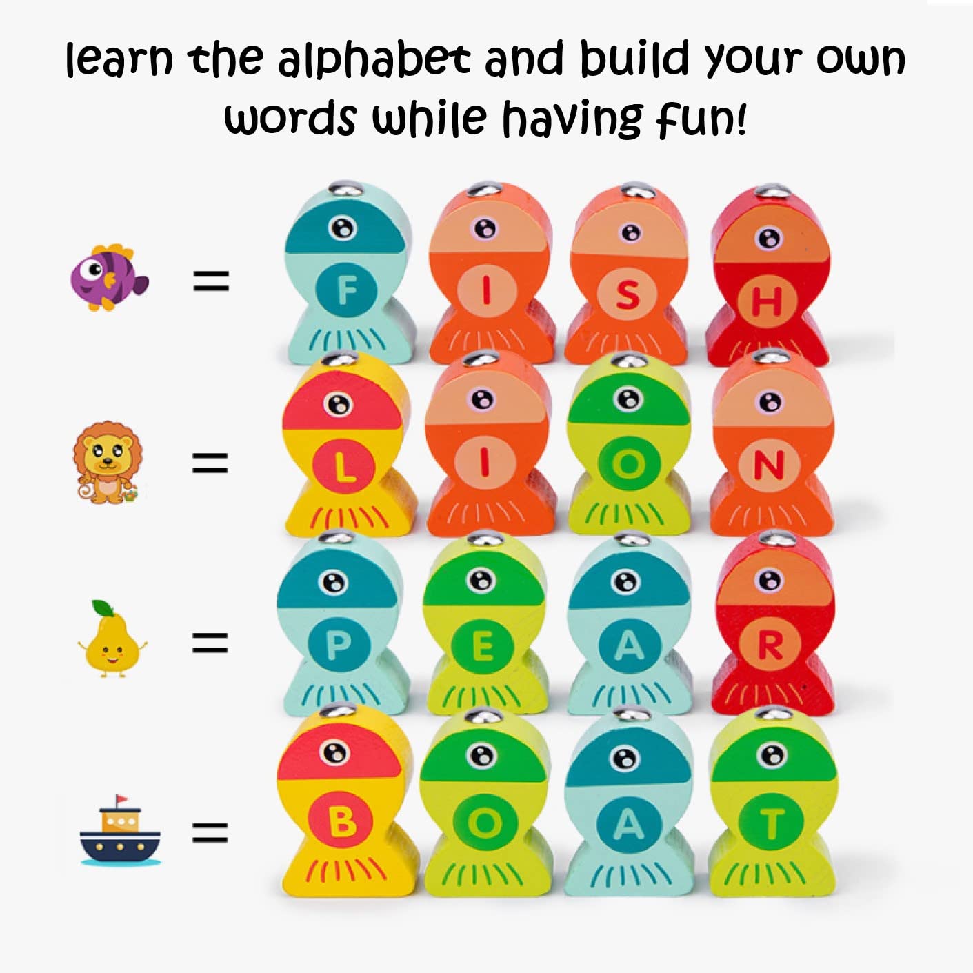 Haktoys Wooden Fishing Alphabet Game Magnetic Learning Toy with Ocean Sticker Book, ABC Toy with 26 Lettered Fish & 2 Poles, Educational Travel Game for Toddlers Preschool Kids