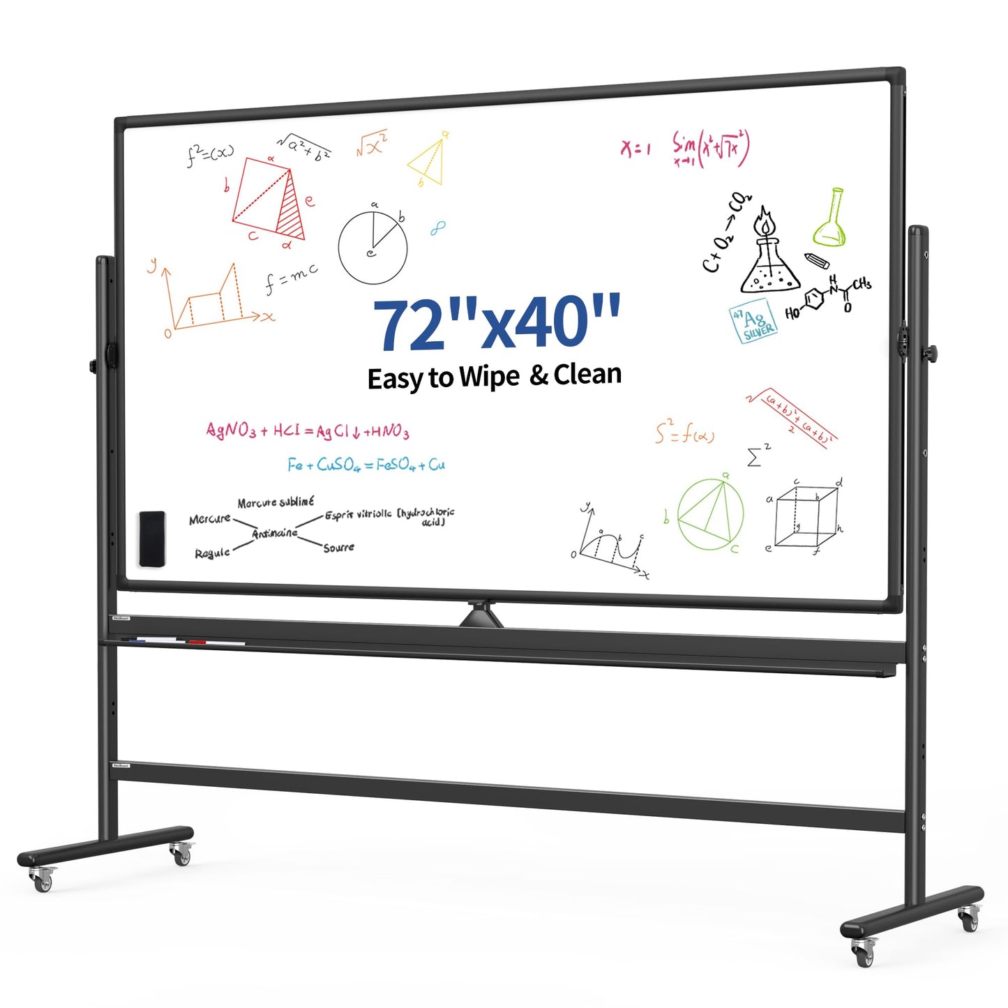 DexBoard Large 72x40 Inch Mobile Whiteboard, Double-Sided Magnetic Dry Erase Board on 360-Degree Rolling Stand, Height-Adjustable, Reversible for Office, Classroom & Home Use