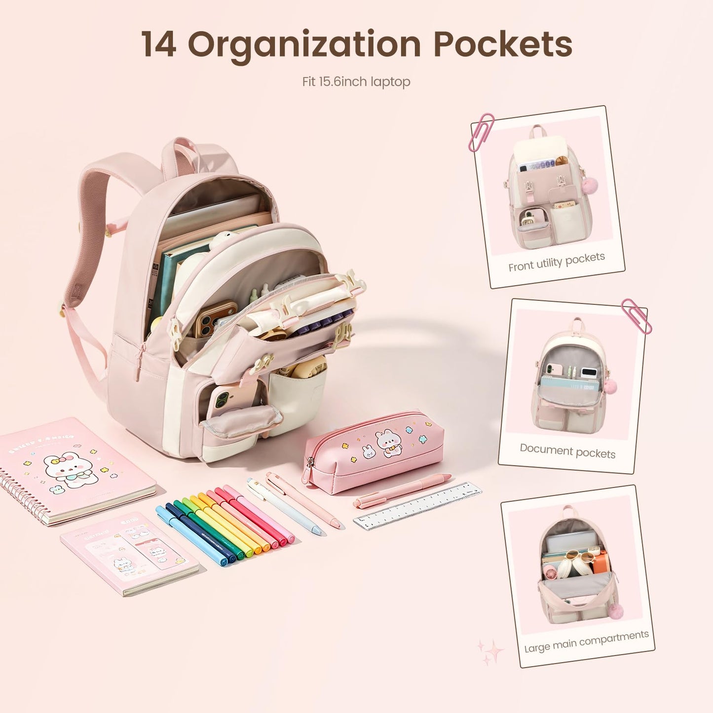 LOVEVOOK School Backpack for Teen Girls,Student Backpack Purse for 8-16 Teenage,Cute Kid Bookbag with Large Cup Holder,Back to School Backpack Fit 15.6 Inch Laptop,College Travel Bag for Daughter Gift