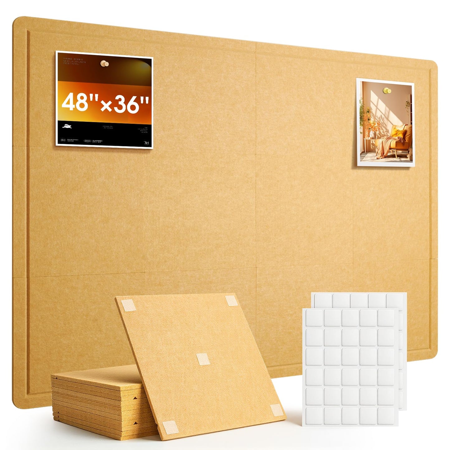 Woovio Bulletin Board, 48 x 36 inches Cork Board Alternative, 12 Pack Felt Pin Boards for Walls Home Office Decor, Classroom with 60 Adhesive Tabs Longan Yellow