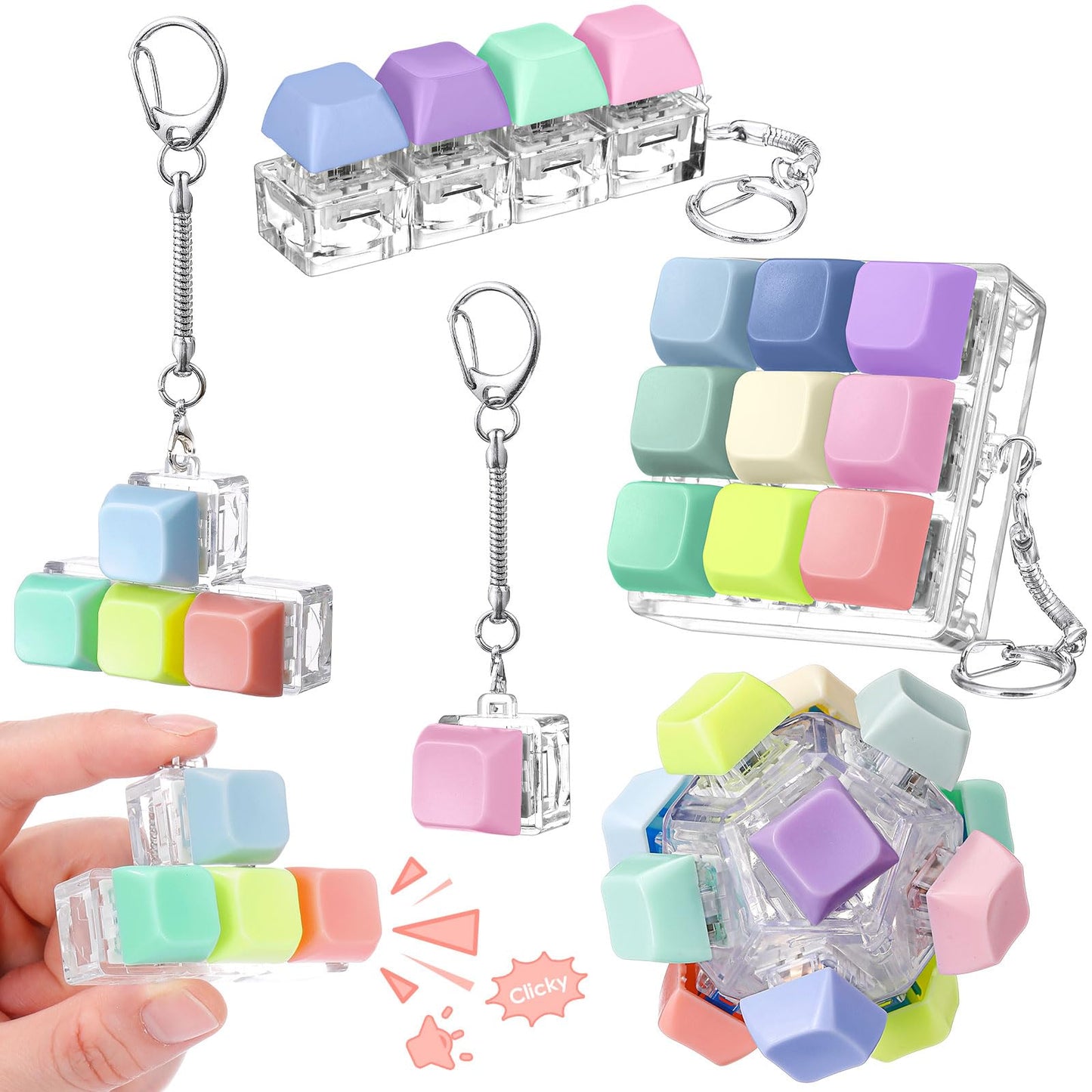 Halloscume 5 Pcs Keyboard Adult Fidget Clicker in 5 Styles Keyboard Fidget Keychain Cube Mechanical Key Button Clicker Stress Relief Gift for Office Home Pass Time(Macaron Colors)