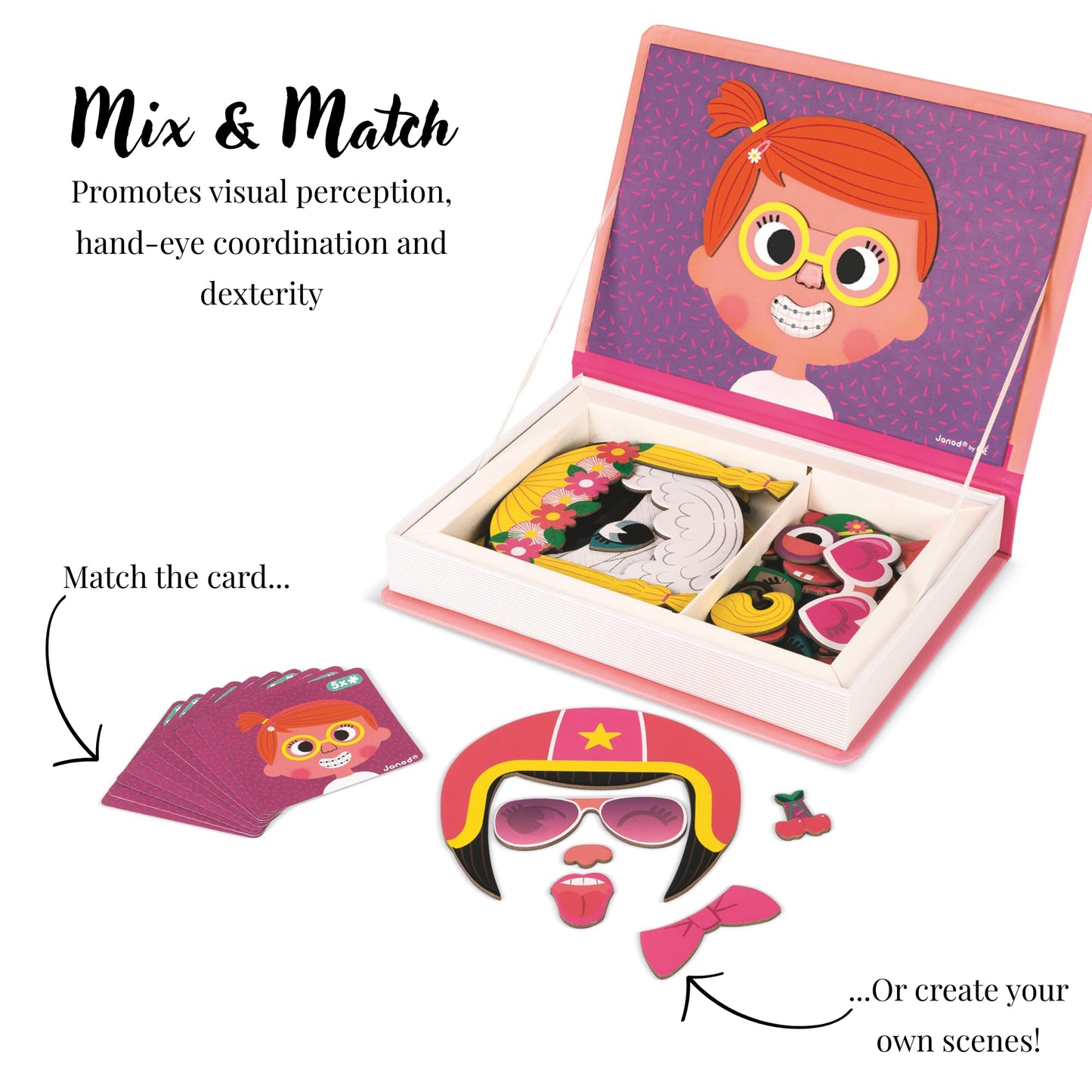 Janod MagnetiBook 66 pc Magnetic Girl Crazy Face Dress Up Game - Ages 3+ - Creative Play - Enhances Creativity and Learning - Includes 55 Magnetic Pieces and 10 Cards