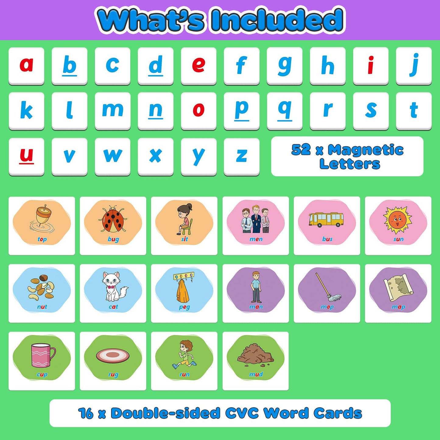 Zazopup CVC Word Games,Magnetic Letters & CVC Flash Cards,Phonics Games,Alphabet ABC Toys,Refrigerator Fridge Magnets for Kids Toddlers,Speech Therapy,Spelling Learning Games for Preschool Classroom