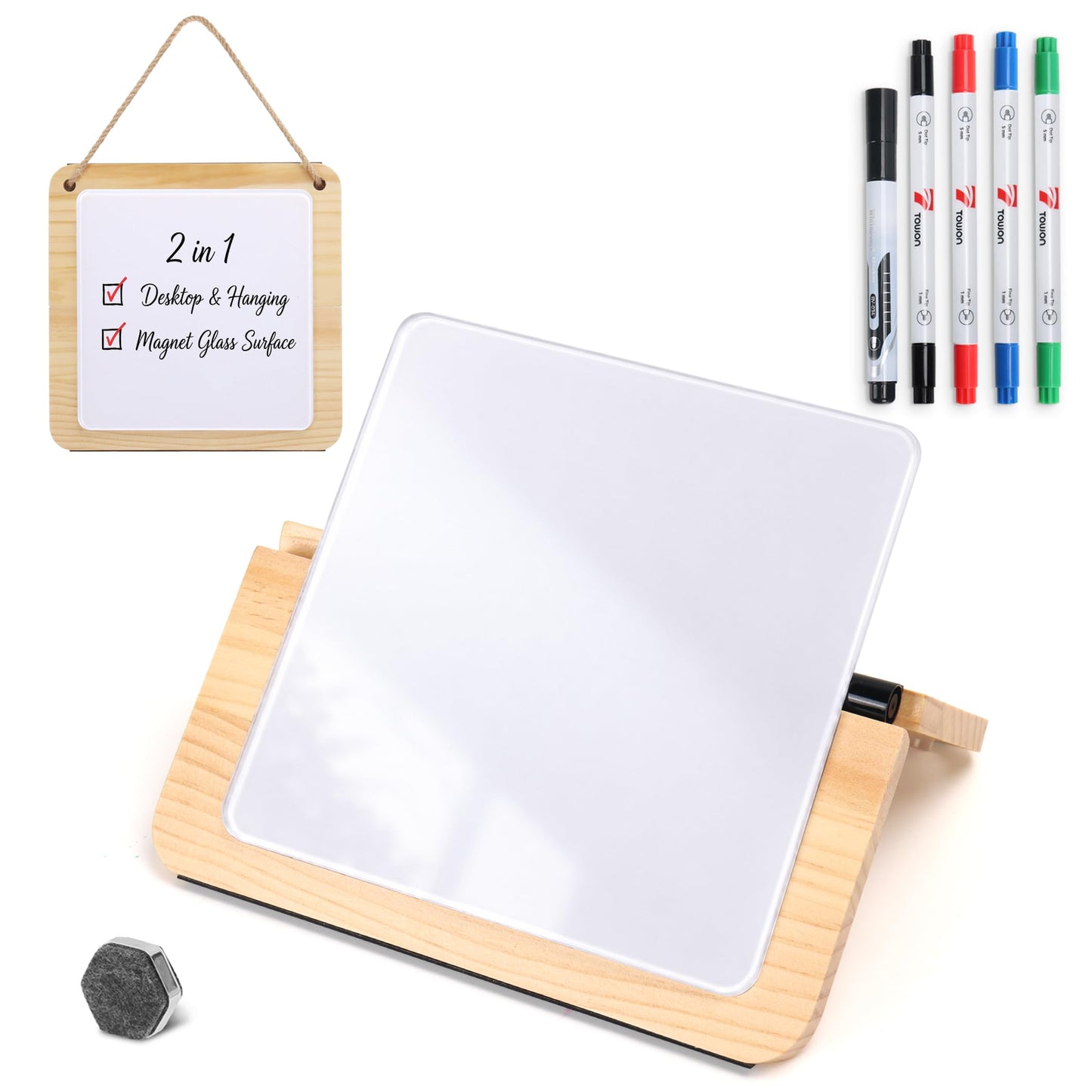 TOWON Glass Desktop Whiteboard with Solid Wood Stand - Foldable Mini Dry Erase Board for Desk - 2-in-1 Tabletop & Hanging Memo Board for Office Decor, Magnetic, White and Square