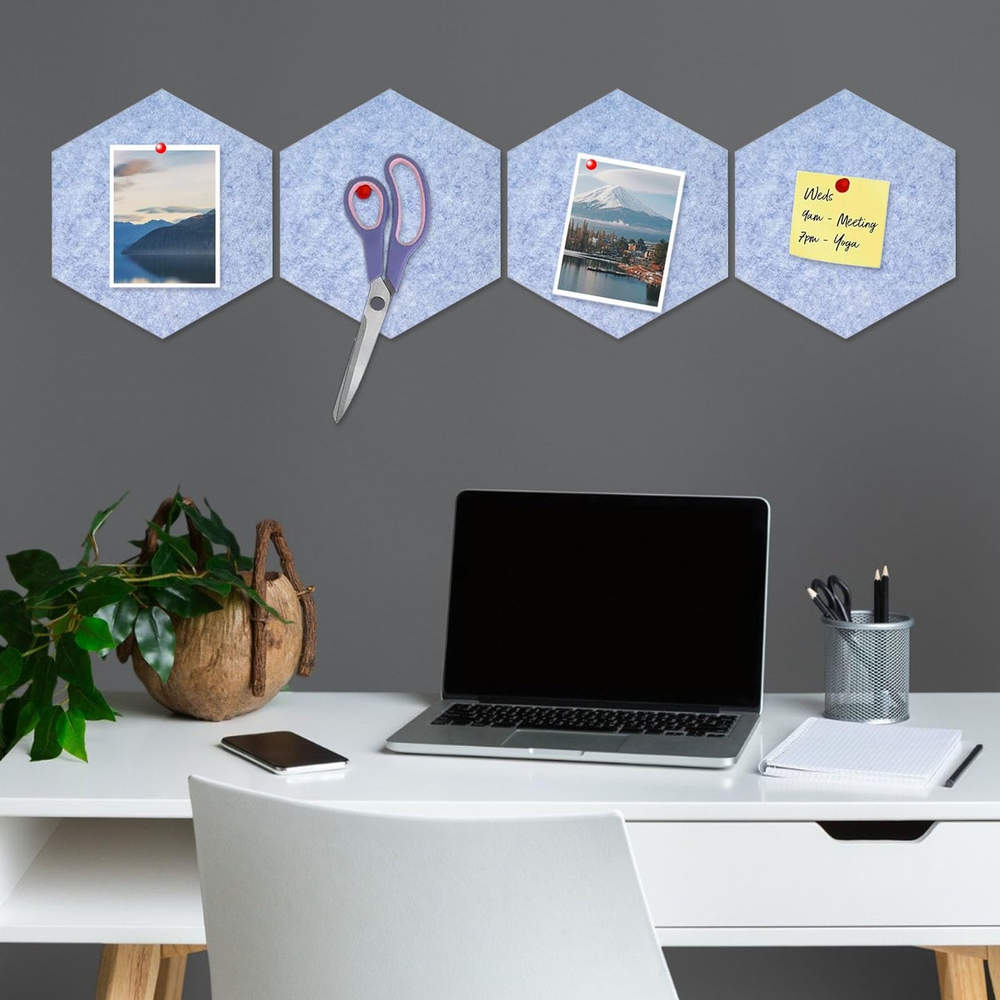 8 Packs Light Blue Hexagon Felt Pin Board, 12" Bulletin Board with 30 Push Pins, Felt Board for Home Kitchen Office Decor, Self-Adhesive Corkboard Tiles for Walls Message Photos Memos Display