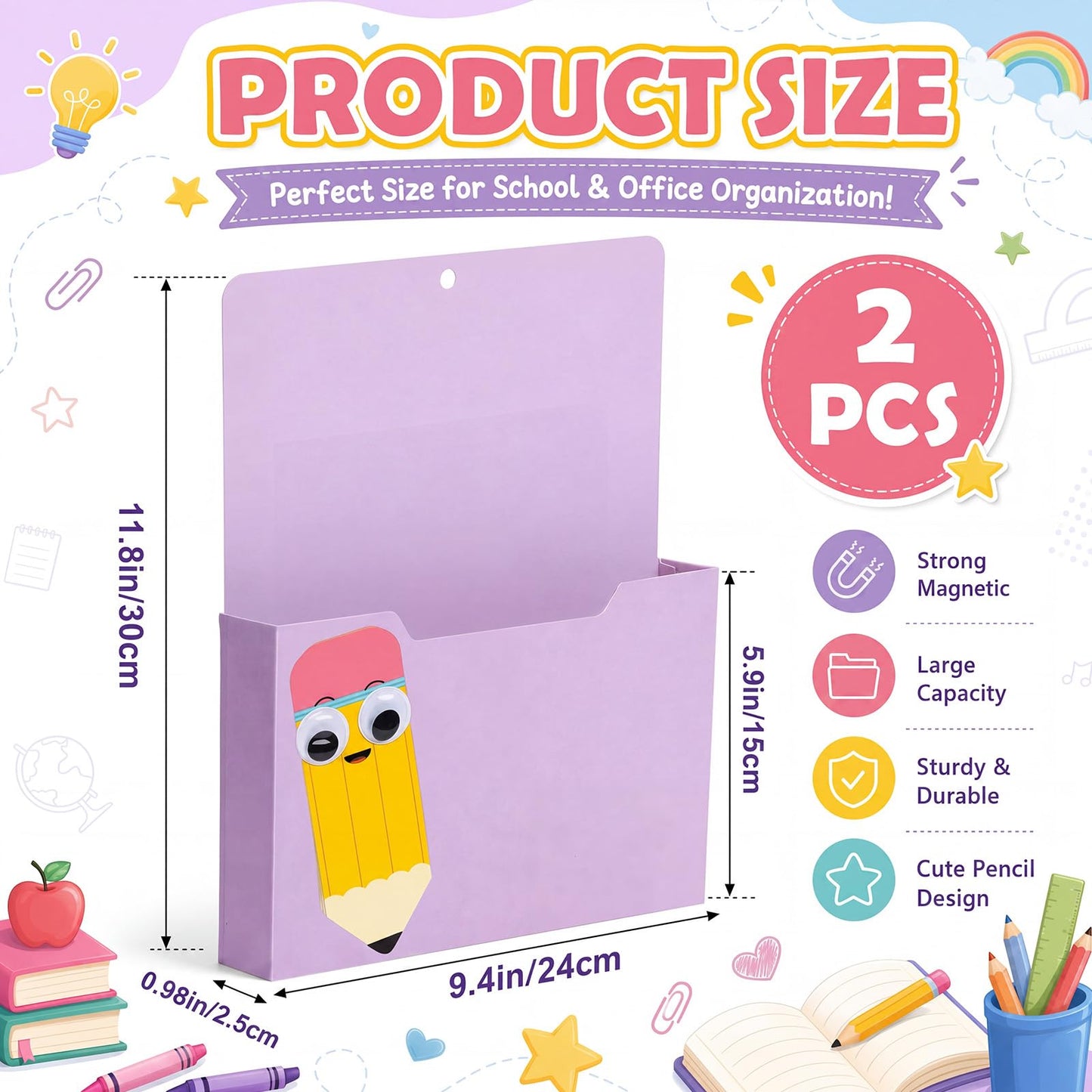 Gilprop 2 Pcs Pencil Pink Magnetic File Folder Holder Pocket File Organizer Classroom Decor Teacher Desk Accessories for Whiteboard Mail Paper Book No Drilling School Desk Door Classroom Essential