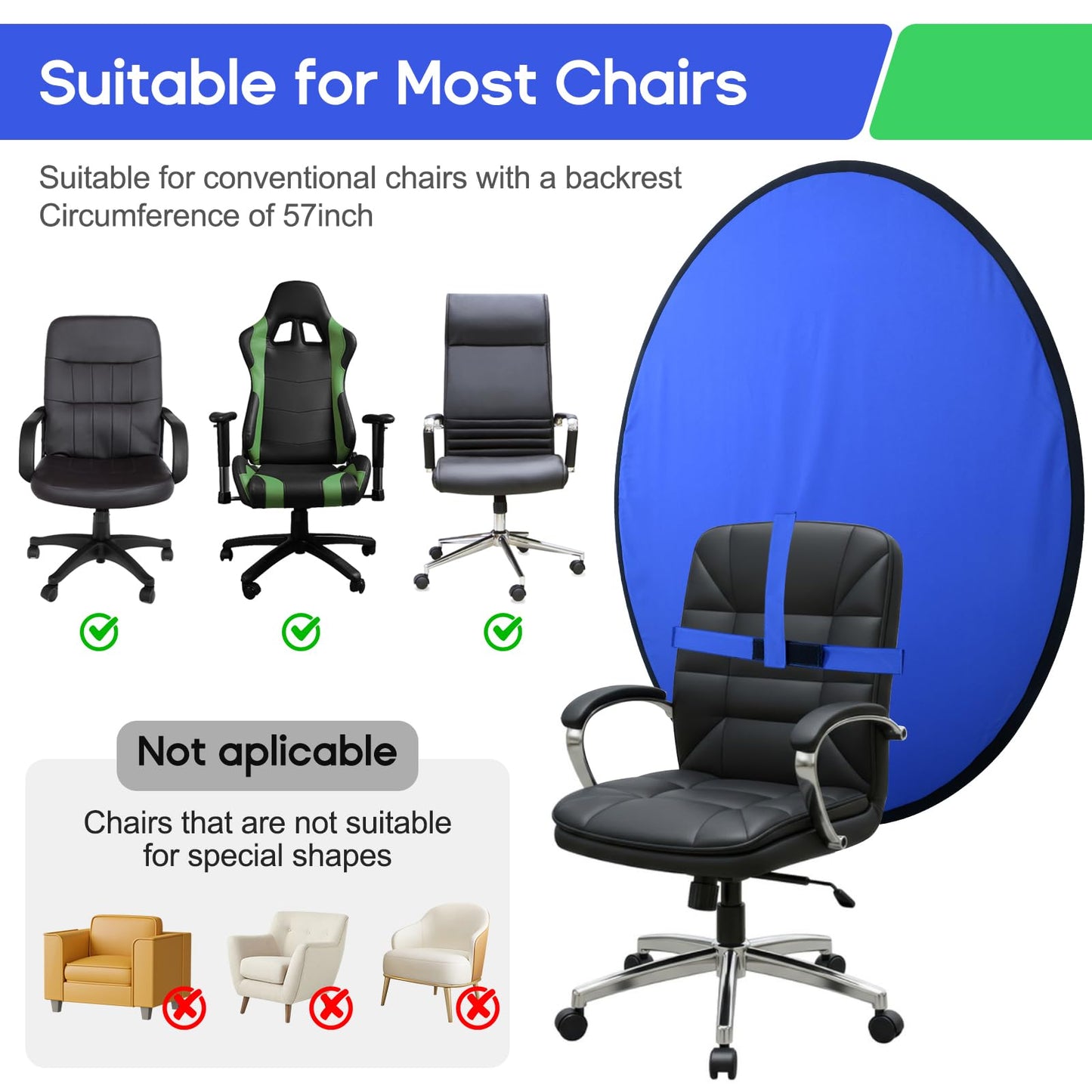 Portable Blue Green Screen Chair, 57 in Greenscreen Backdrop with Stand 2-in-1Double Sided Foldable Green Background, for Video Chats and Meetings, Photography, Photo Zoom, Streaming Games