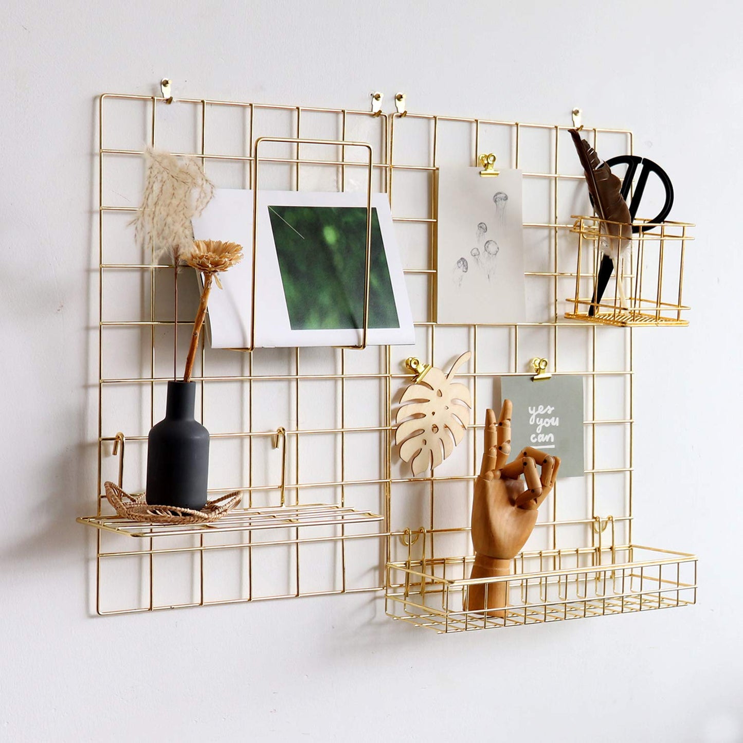 FRIADE Wall Grid Panel for Photo Display,Wall Storage Organizer,5 Metal Clips & 3 S Hooks & 4 Nails & 4 Plastic Hanging Buckles and 4 Screws Offered,Size 17.5" x 11.8",2 Pack(Gold)