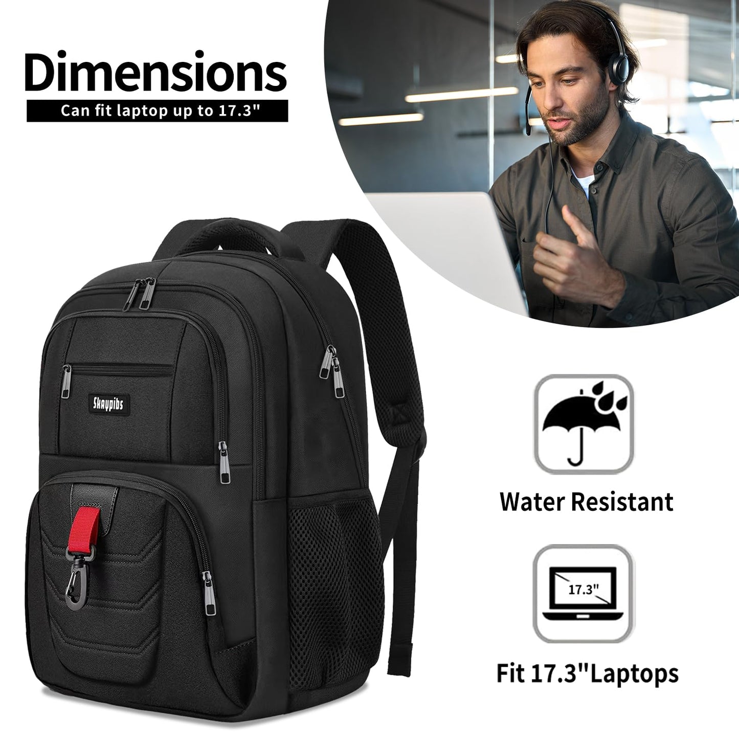 Skaypibs School Backpack for Boys Girls Teens, Black Backpack for Men Women, 17.3 Inch Laptop Backpacks with USB Port, Water Resistent book bag, Work College Bookbag, back pack