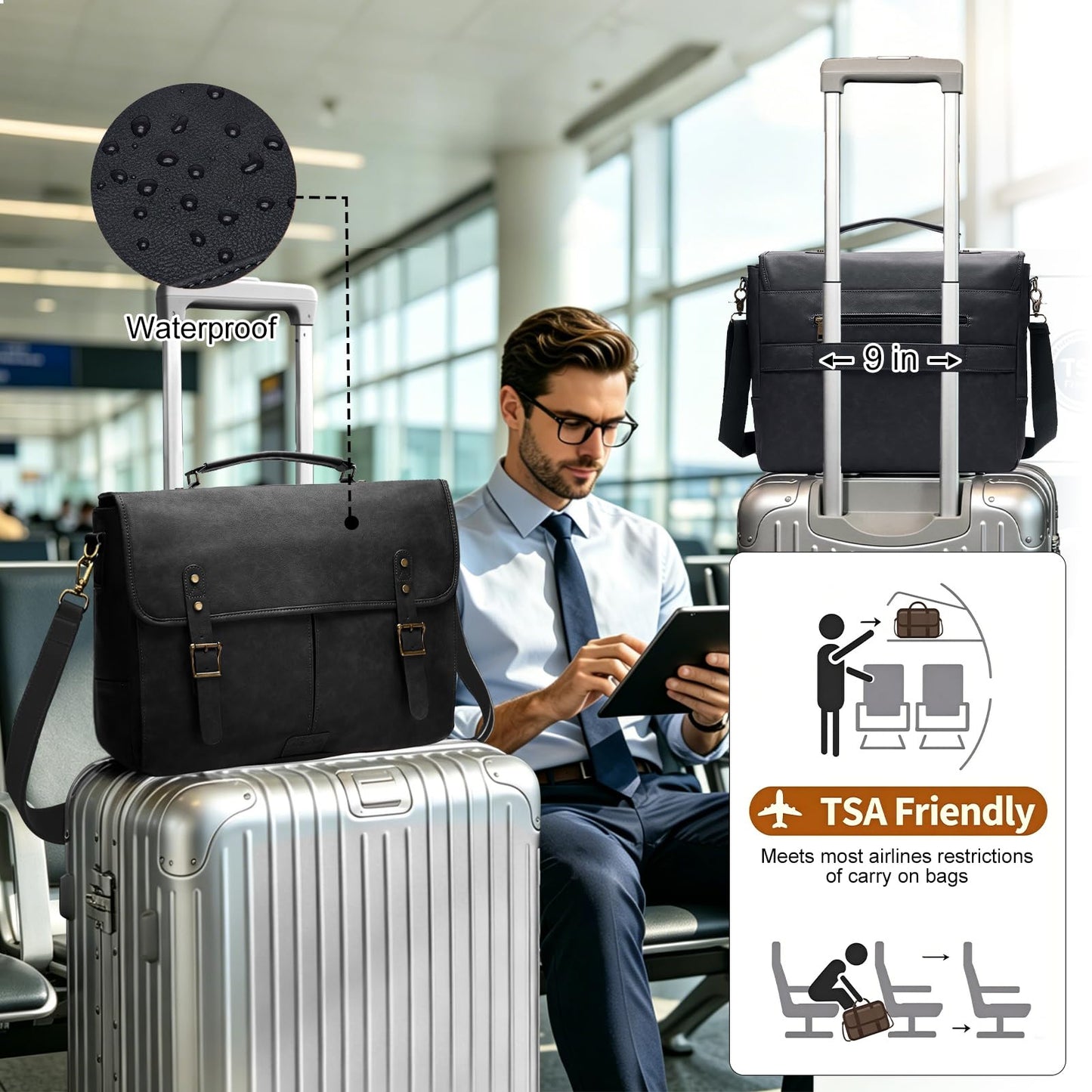 Leather Messenger Bag for Men, 15.6in Laptop Briefcase Vintage Waterproof Laptop Bag Shoulder Bags Satchel Office Bag(Black)