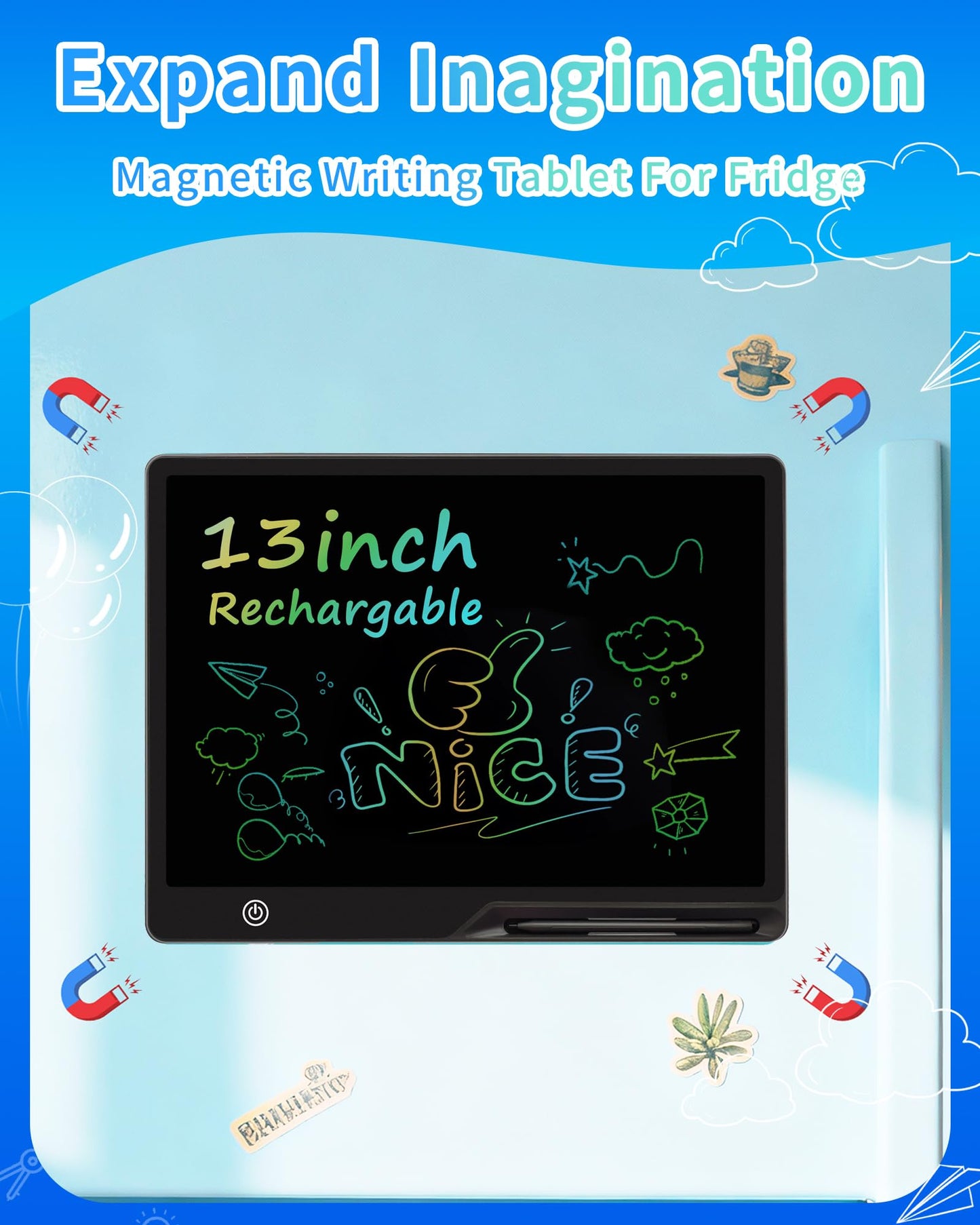 Magnetic LCD Writing Tablet for Fridge, 13 Inch Writing Tablet for Kids, Toddler Drawing Pad, Learning Toys for Boys Girls Ages 3.4.5.6.7.8, Writing Board for to-Do Lists and Family Messages (Black)