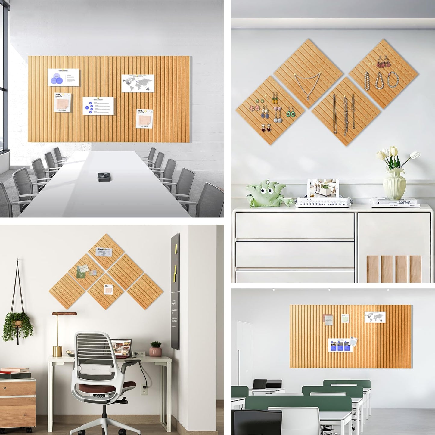 Large Cork Board for Office, 8 Pack Felt Wall Tiles with Slat Wall Paneling and Safe Removable Adhesive Tabs, Felt Bulletin Board Pin Board Cork Boards for Walls - Mustard