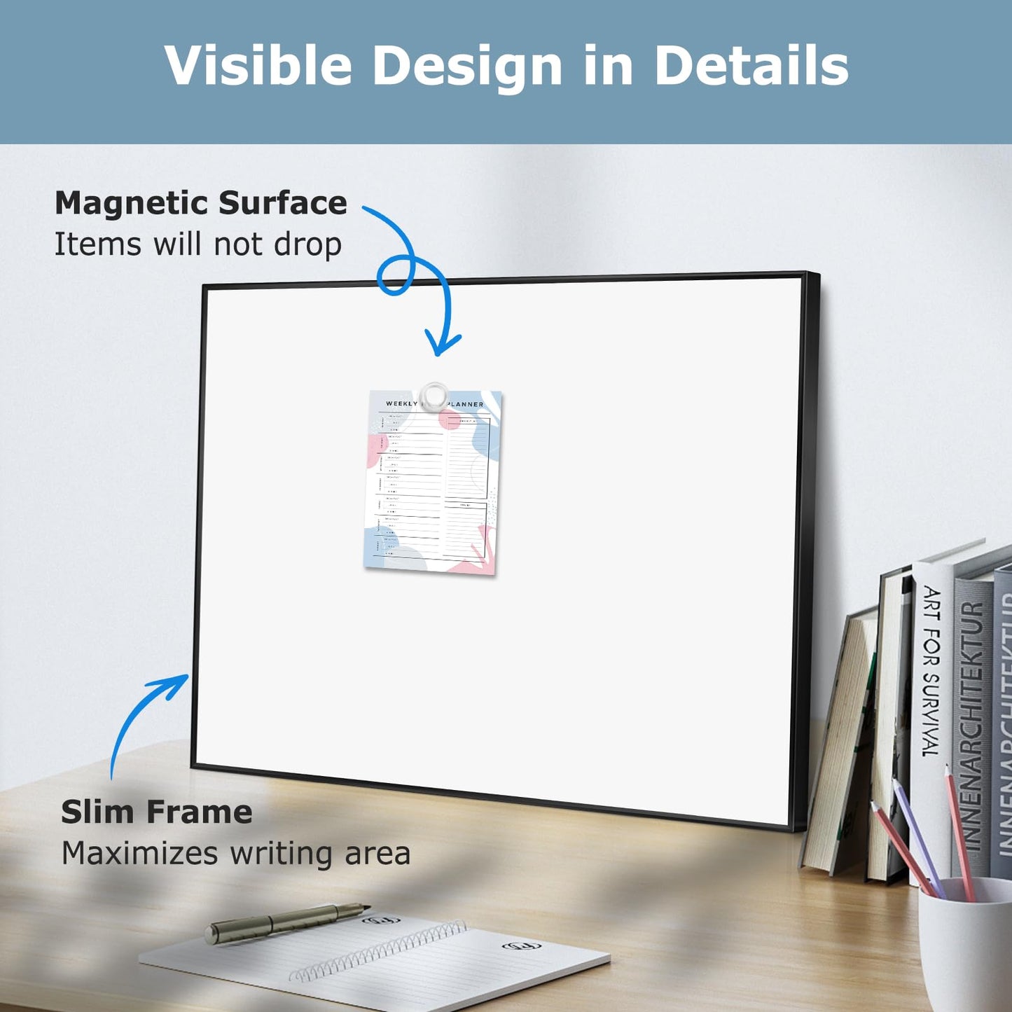 QUEENLINK Magnetic Whiteboard, 24"x18" Dry Erase White Board for Wall, Hanging Presentation Board for Home, Office, School, Black Aluminum Frame