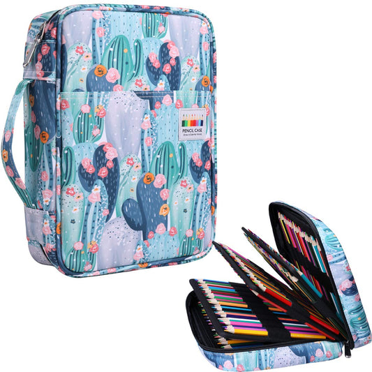 JAKAGO 220 Slots Colored Pencil Case Large Capacity Pen Holder for Artist Painter Zipper Organizer Bag for Marker Highlighter Storage Case for Office Sketch Travel Supplies (Cactus)