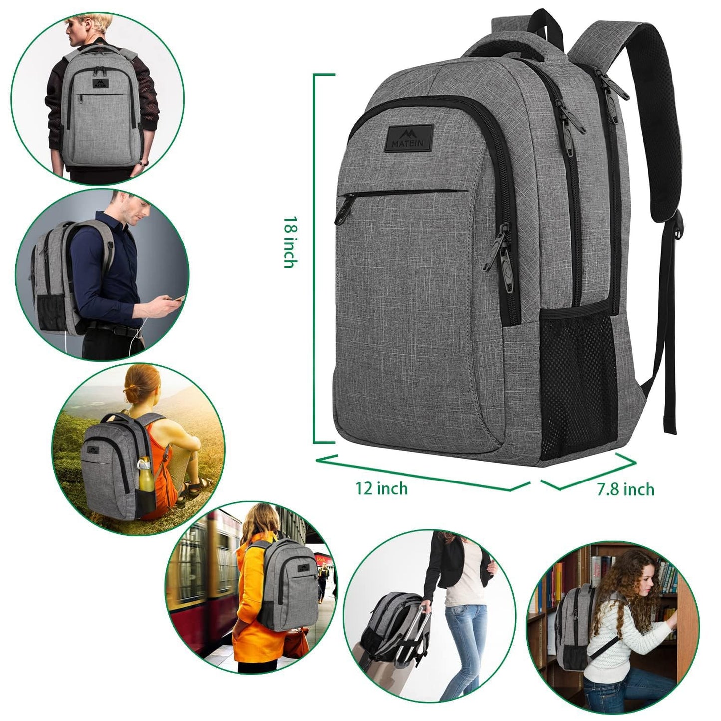 MATEIN Travel Laptop Backpack, Business Anti Theft Slim Sturdy Laptops Backpack Personal Item Bag, Water Resistant College School Computer Bag Gift for Men & Women Fits 15.6 Inch Notebook, Grey