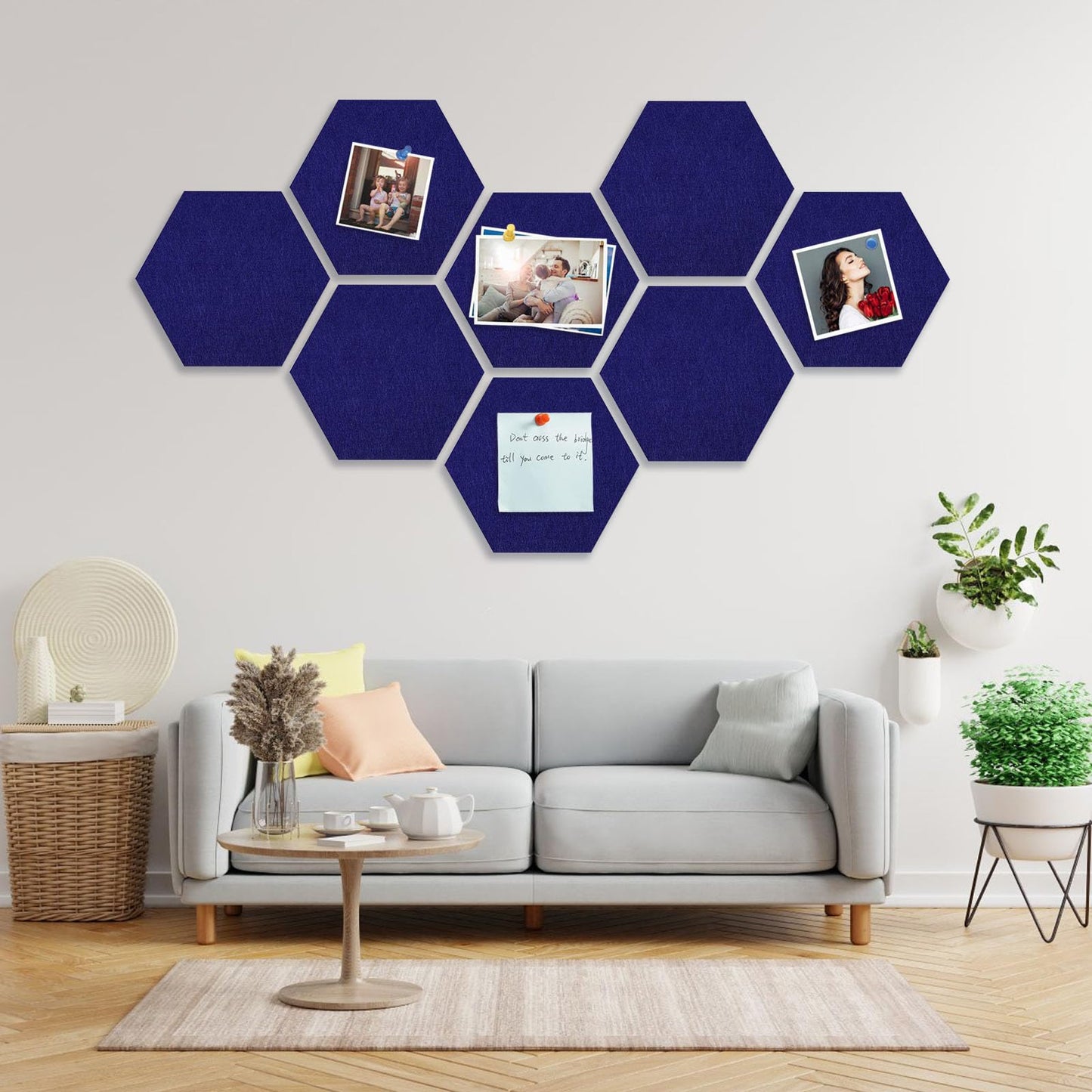 8 Packs Royal Blue Hexagon Felt Pin Board, 12" Bulletin Board with 30 Push Pins, Felt Board for Home Kitchen Office Decor, Self-Adhesive Corkboard Tiles for Walls School Message Photos Memos