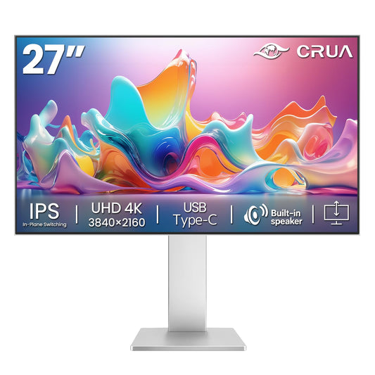 CRUA 27" 4K Monitor, UHD 3840x2160P 60Hz IPS Panel Computer Monitor with Built-in Speakers, Supports AMD FreeSync, USB Type-c, 98% DCI-P3, Height Adjustable, HDMI 2.0 & DP 1.2, Wall Mountable-Silver