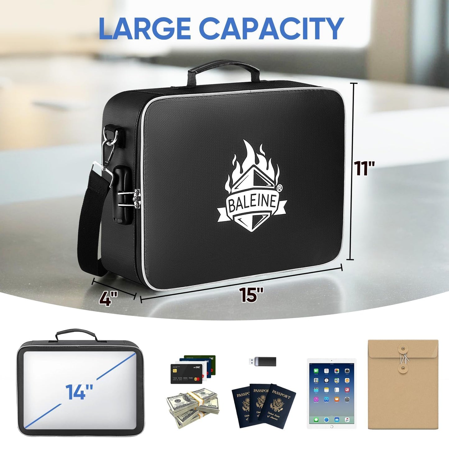 BALEINE Fireproof Document Box with Lock, Portable Fireproof Document Bag Waterproof Fire Proof File Boxes for Documents, File Organizer Box for Important Paperwork (Black, 15''x11''x4'')