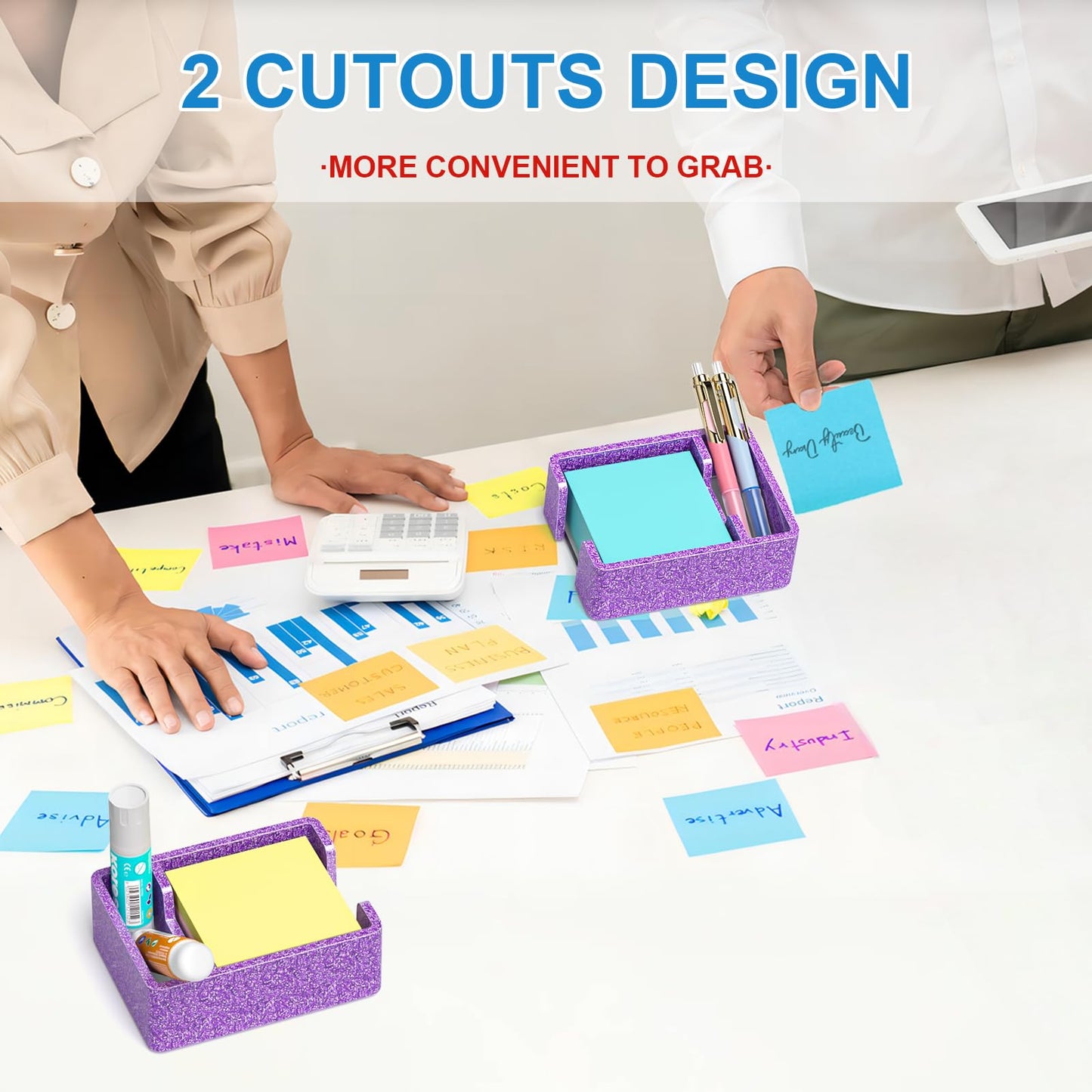 WINFFOR Acrylic Notepad Holder Dispenser - 3x3 in 2IN1 Sticky Note Memo Holder for Desk Organizer (W/O Pads) Office Desk Accessories School Supplies, Glitter Purple