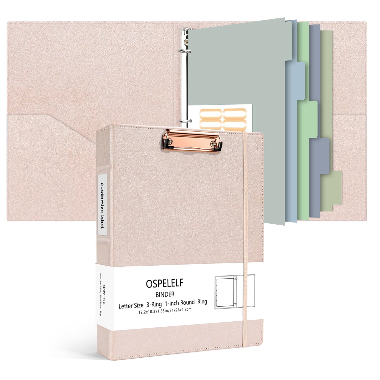 Ospelelf 3 Ring Binder with Clipboard, 1 Inch Leather, Letter Size (8.5" x 11"), Clipboard Binder with 5 Tab Dividers, Rose Gold