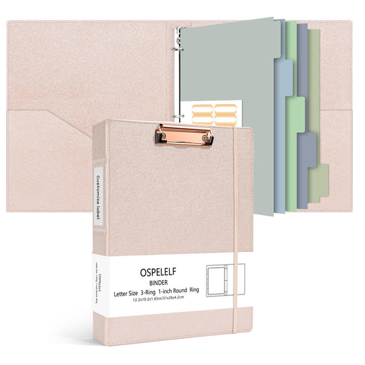 Ospelelf 3 Ring Binder with Clipboard, 1 Inch Leather, Letter Size (8.5" x 11"), Clipboard Binder with 5 Tab Dividers, Rose Gold