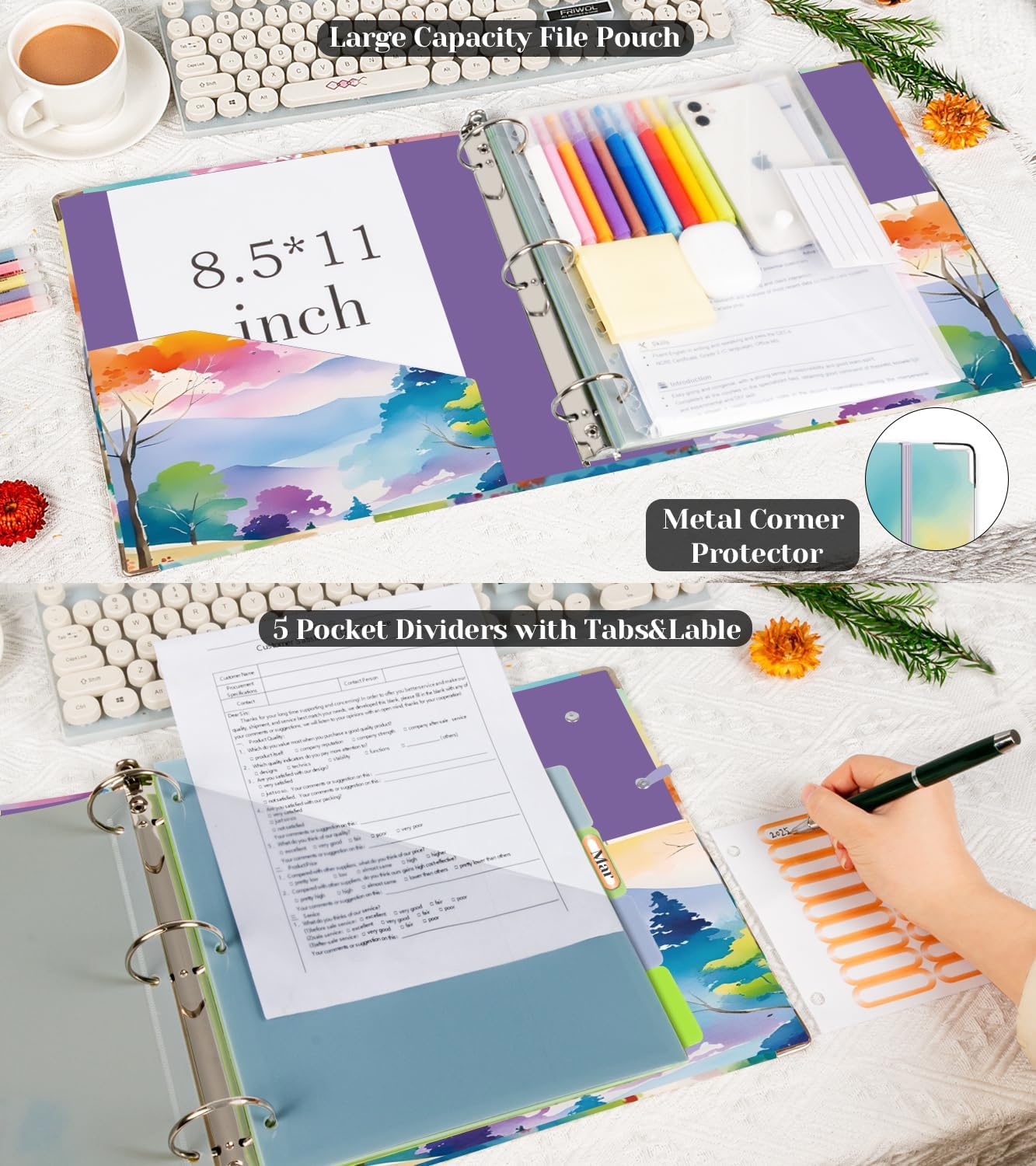 3 Ring Binder 2 Inch for 8.5"x11" Paper, Three Ring Binders with Clipboard, 5 Dividers with Tabs and Pockets, Decorative Binder with Pen Holder,Path