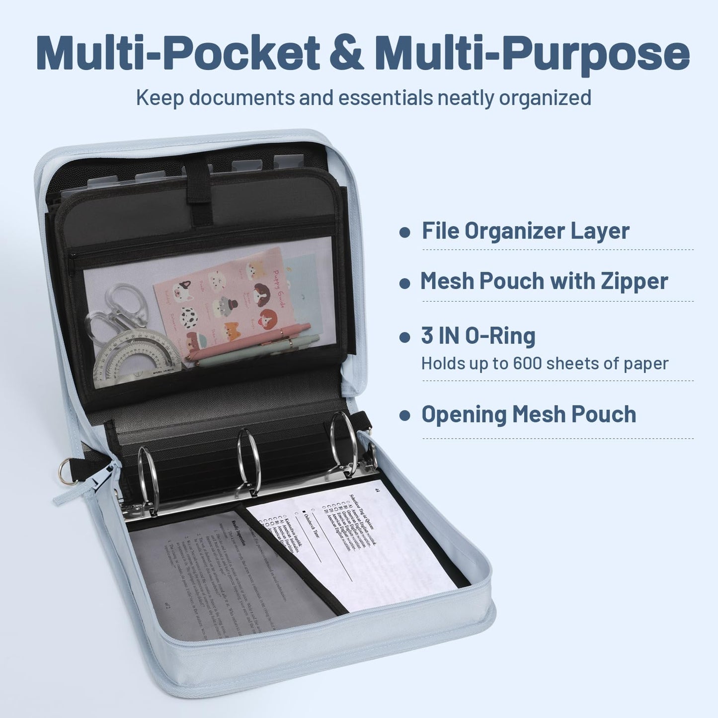 SUNEE Zipper Binder 3 Ring, 3 Inch O-Ring with Handle and Shoulder Strap, 600-Sheet Capacity, 5-Tab Expanding File Folder, Multi-Pockets for Middle School Organizer Binder with Zipper, Dusk Blue