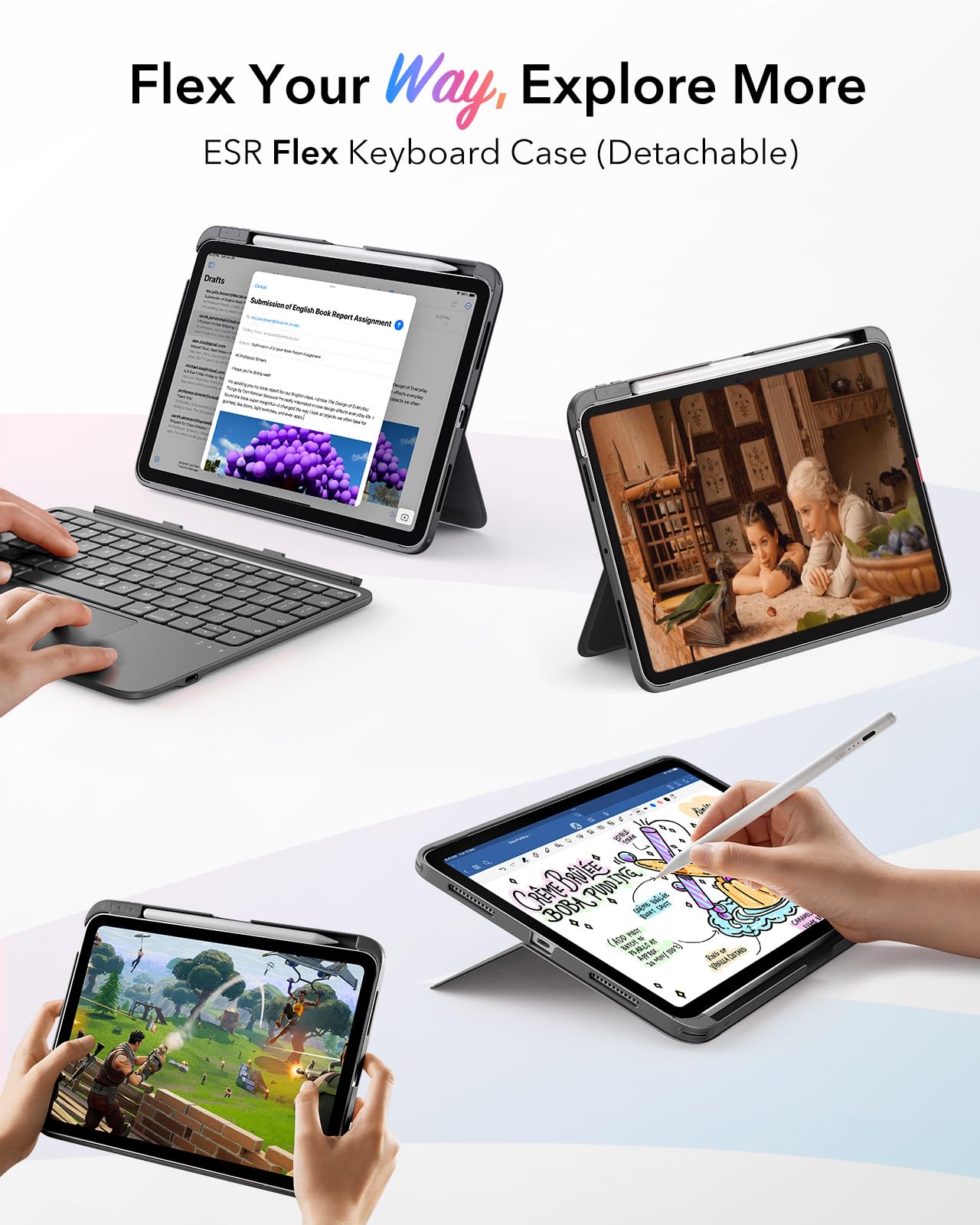 ESR for iPad (A16) 11th/10th Gen Flex Keyboard Case, Ultra-Light Magnetic Detachable Keyboard for iPad 10.9" with Writing/Viewing Modes, Larger Precision Trackpad, Dark Gray