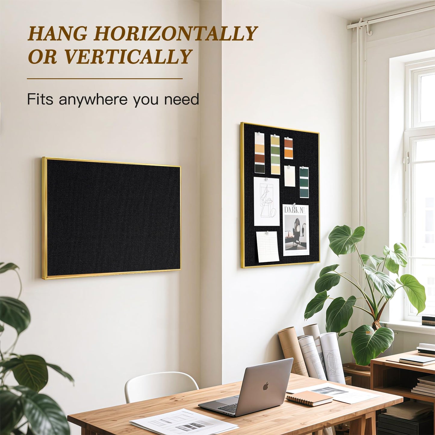 QUEENLINK Linen Bulletin Board 36" x 24", Black Fabric Pin Board with Gold Aluminum Frame, Decorative Vision Board for Home Office, Bedroom & Dorm Wall Decor, Includes 10 Push Pins
