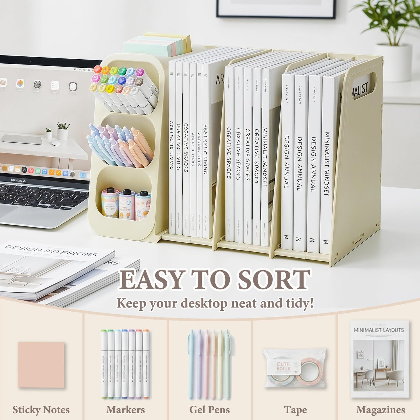 SAYEEC Collapsible Magazine File Holder Plastic Binder Holder for Desk Upright Desktop File Organizer with Pen Holder Vertical Folder Organizer Sturdy Magazine Book Rack Storage Box for Office Home